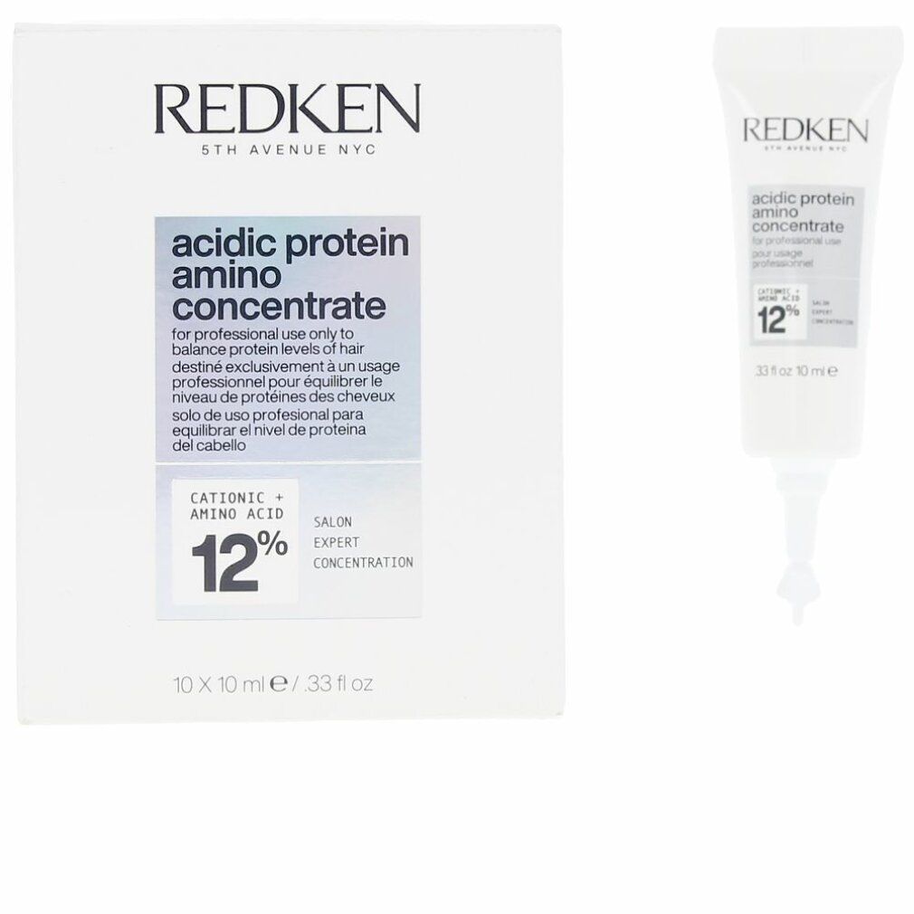 Weißer Karton und Tube. Aufschrift: Redken, acidic protein amino concentrate, 12%. Packung: 10 x 10 ml.