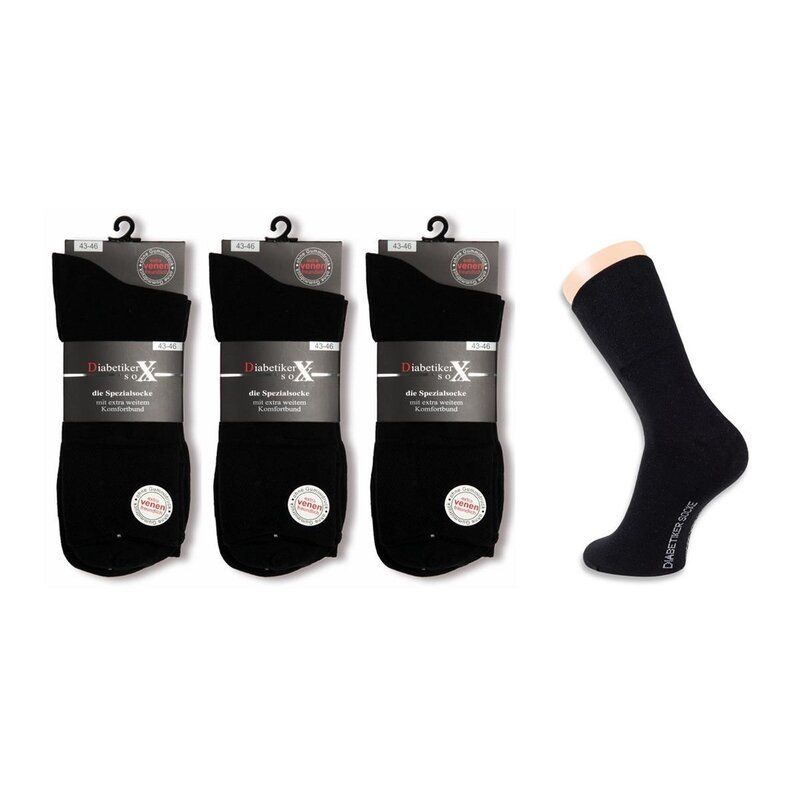 3Paar Herren Diabetiker Socken o. Gummi k. Naht "sehr venenfreundlich" Baumwolle schwarz Gr. 35-38