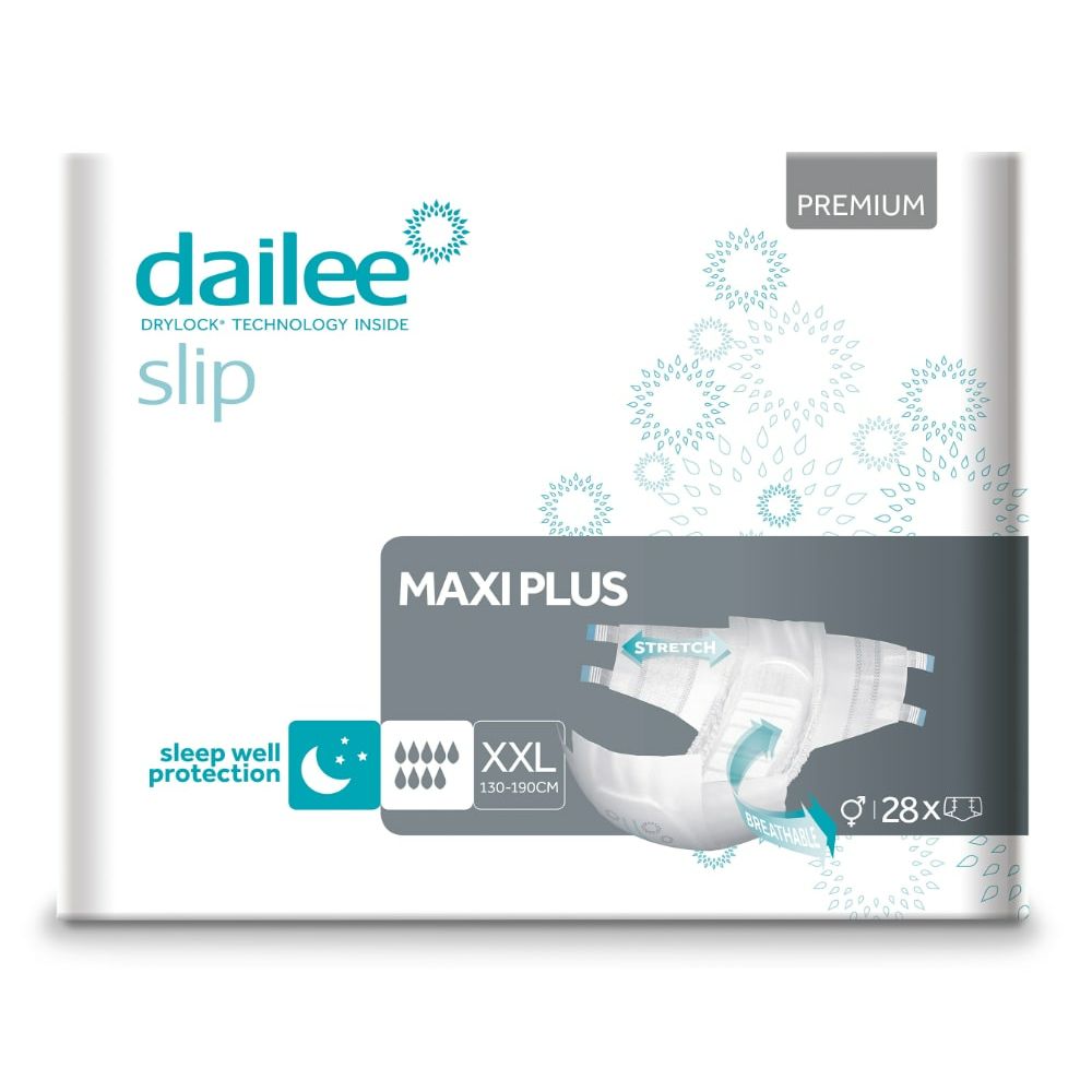 Verpackung mit Inkontinenzprodukten. Marke Dailee, Modell Slip Maxi Plus, Größe XXL. Enthält 28 Stück. Mit Premium-Label.