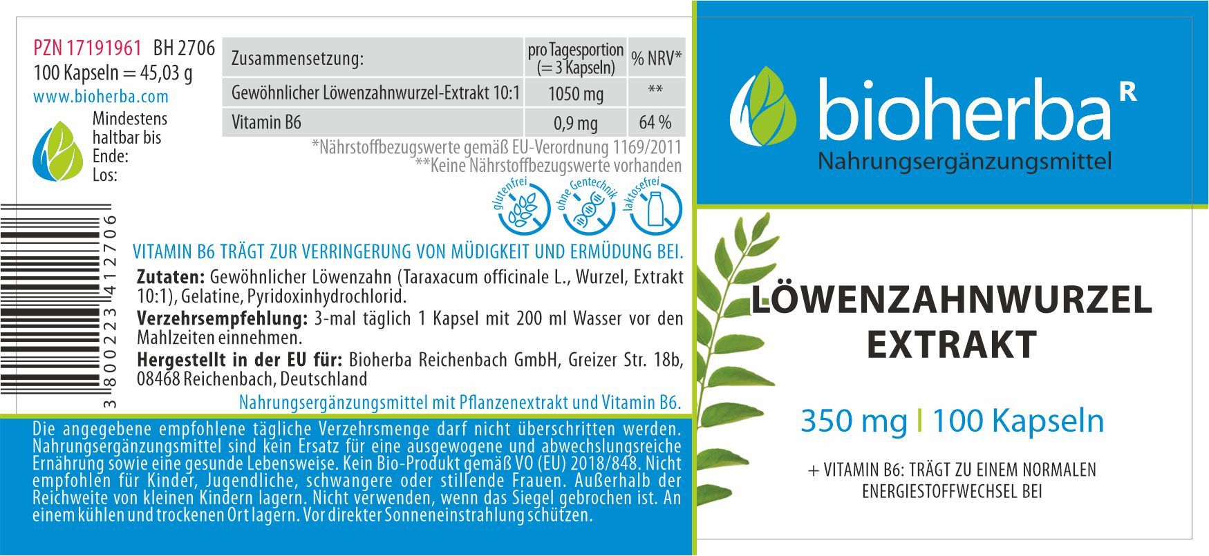 Etikett mit blauem Streifen, weißer Schrift und Logo. Enthält Informationen zu Inhaltsstoffen und Dosierung.