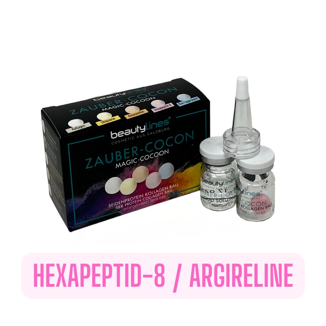 Produktverpackung mit 'beautylines Zauber-Cocon Magic-Cocoon'. Zwei Flaschen, ein Trichter. Text: 'Hexapeptid-8 / Argireline'.