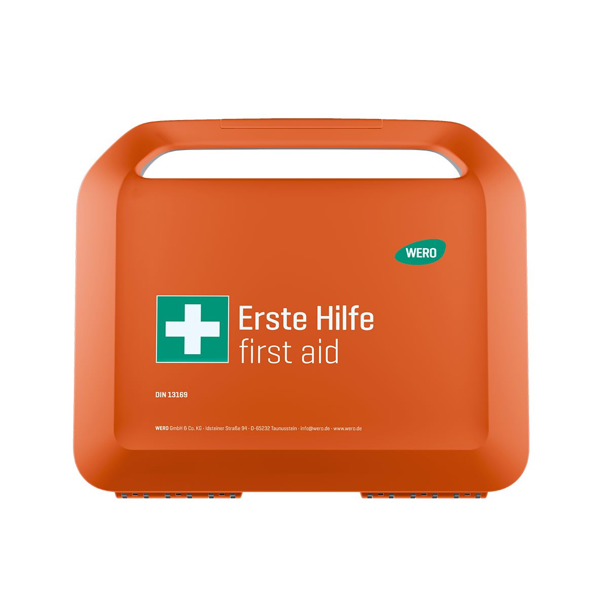 Orange Erste-Hilfe-Koffer mit Griff, weißem Kreuz und Schriftzug. Marke WERO. DIN 13169.
