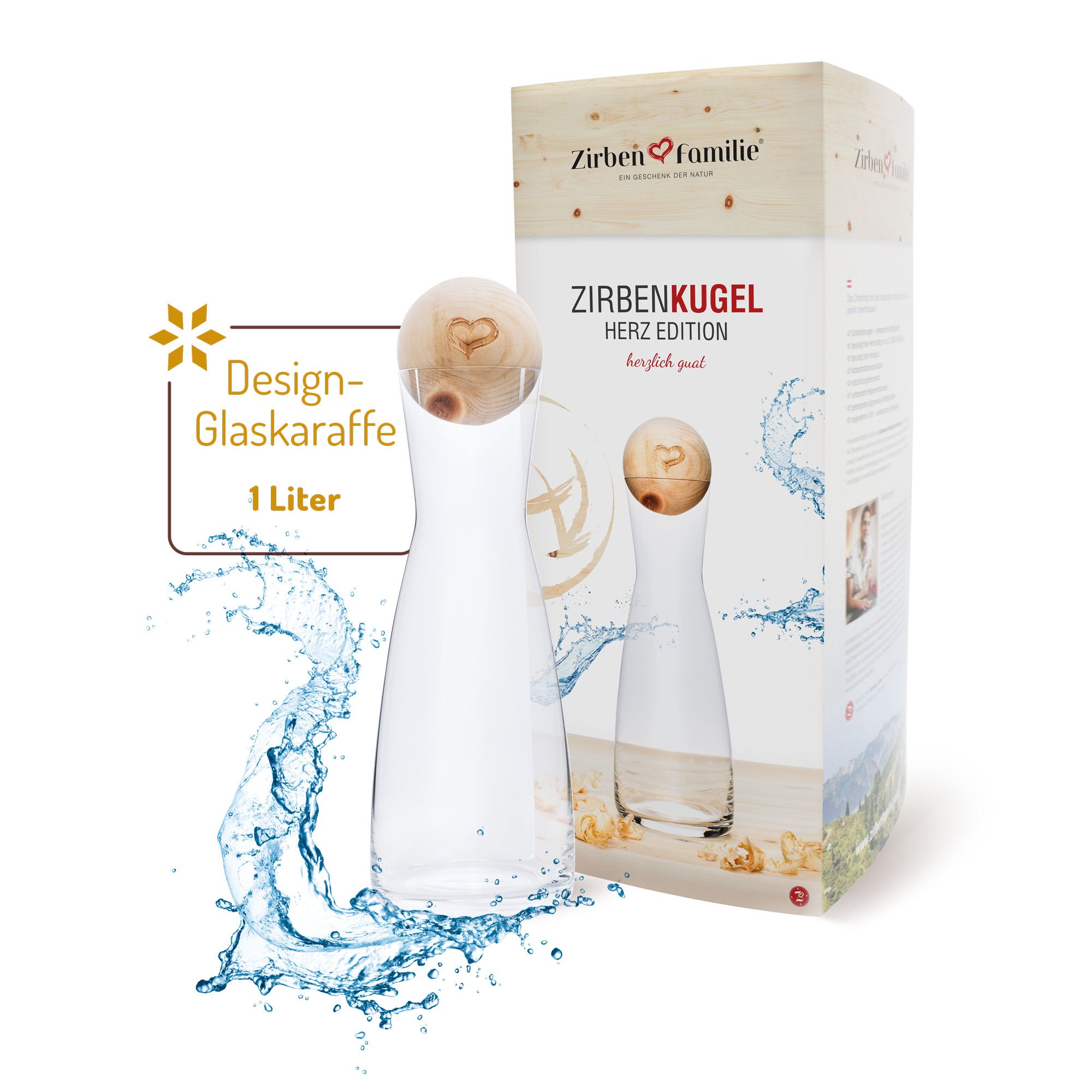 Produktverpackung. Karaffe mit Holzkugel. Text: ZirbenFamilie, ZirbenKugel Herz Edition. Design-Karaffe, 1 Liter.