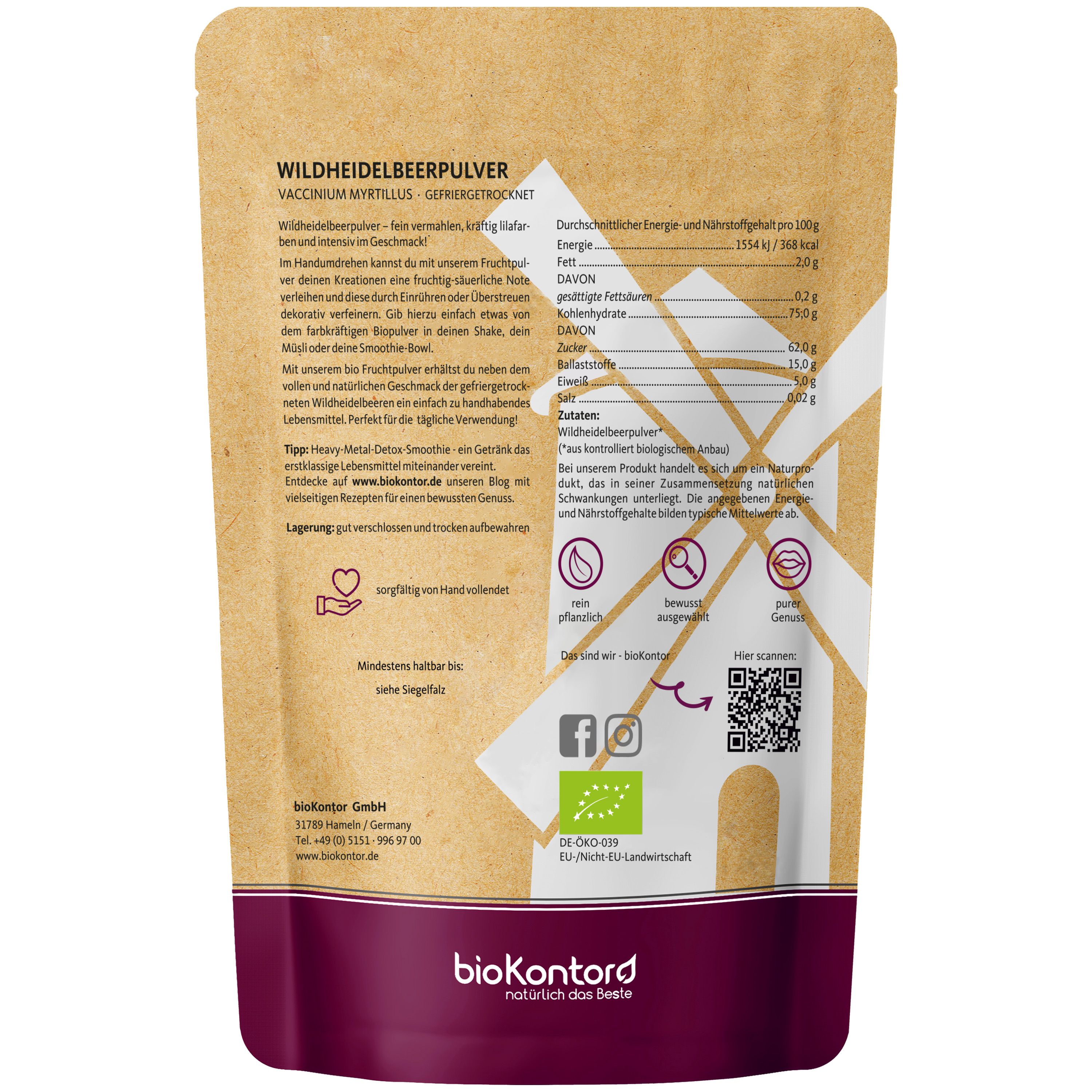 Rückseite der bioKontor Wildheidelbeer Pulver Tüte mit Nährwertangaben, Bio-Siegel und QR-Code.