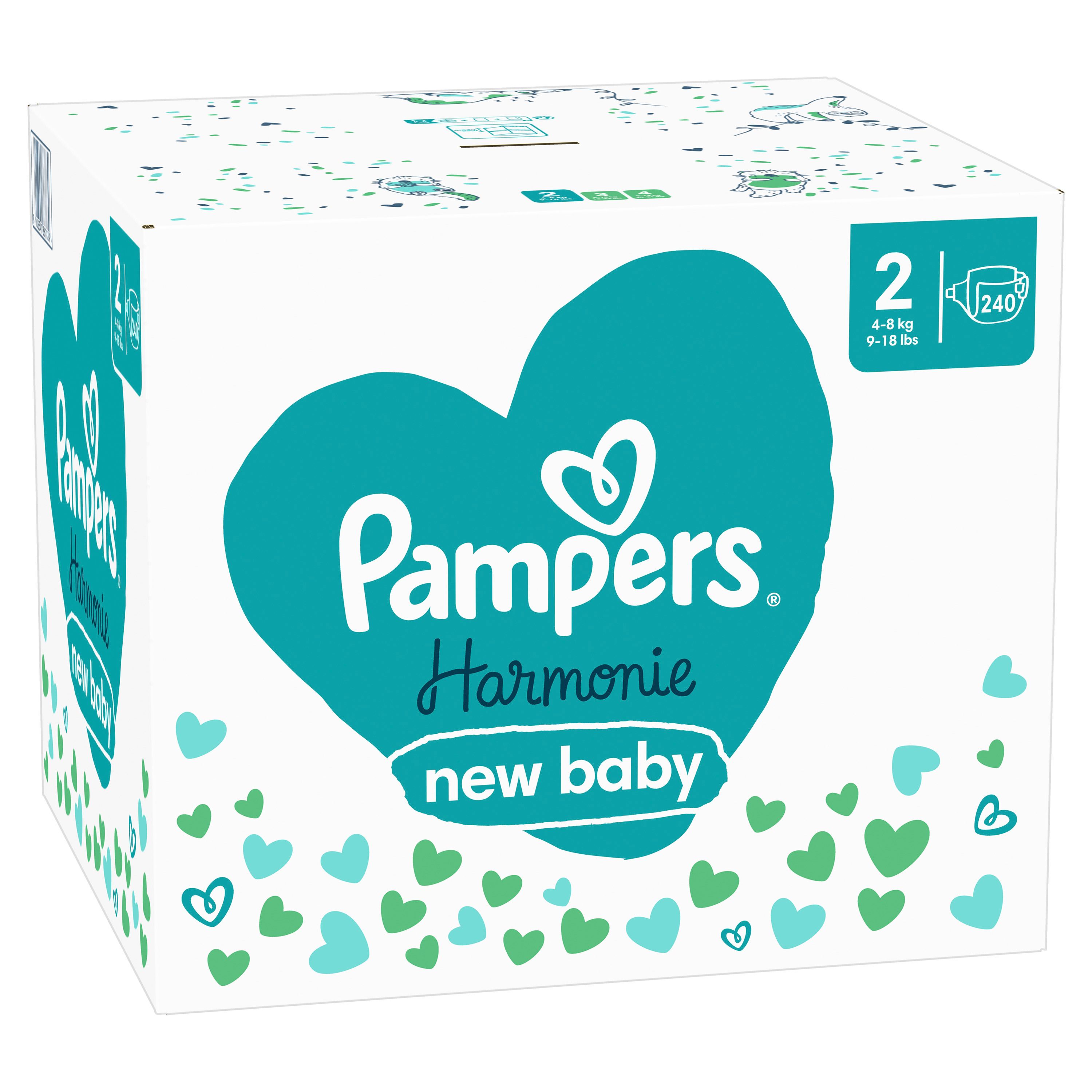 Pampers Harmonie Windeln-Box, Gr. 2, 4-8 kg. Weißer Karton mit blauem Herz-Logo und Text: "new baby".