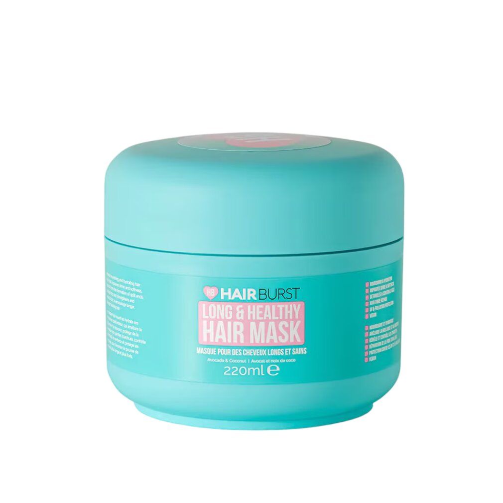 Türkiser Haarpflegebehälter mit rosa Etikett für "Hairburst Long & Healthy Hair Mask", 220ml.