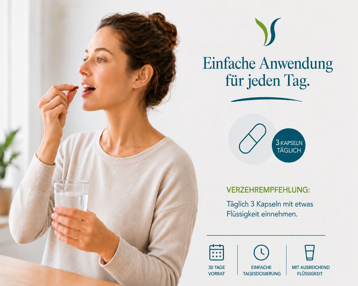 Braunglasflasche mit silbernem Schraubverschluss, Etikett mit Informationen zu pflanzlicher Qualität und Chlorella Mikroalge.