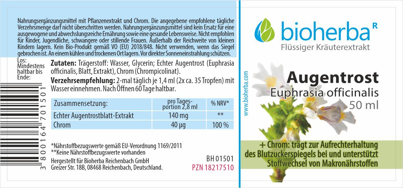 Etikett mit Produktinformationen. Enthält Angaben zu Inhaltsstoffen, Dosierung und Hersteller. Bioherba Augentrost.
