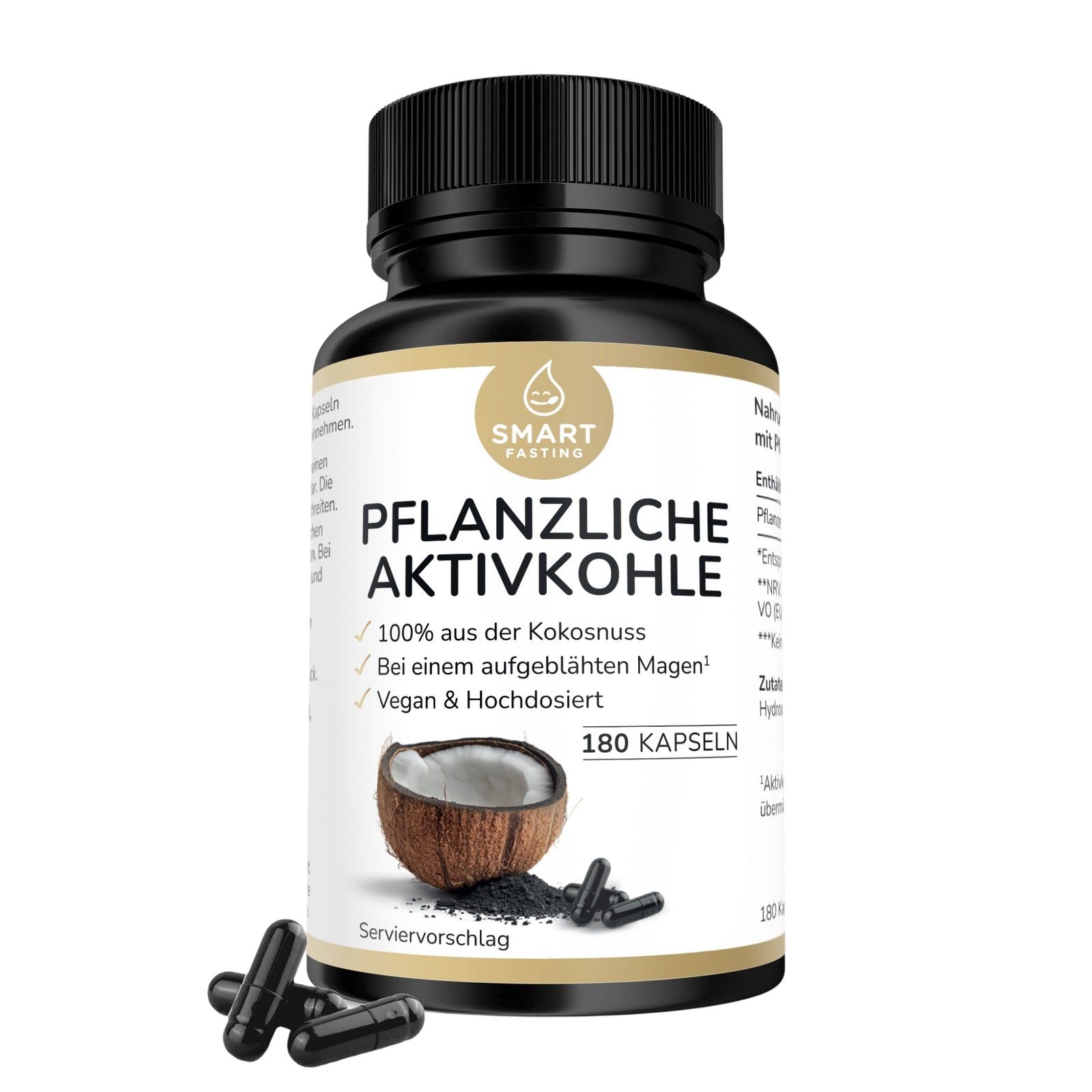 Schwarze Kapseln neben einer Flasche mit pflanzlicher Aktivkohle. Aufschrift: 180 Kapseln, 100% aus Kokosnuss.