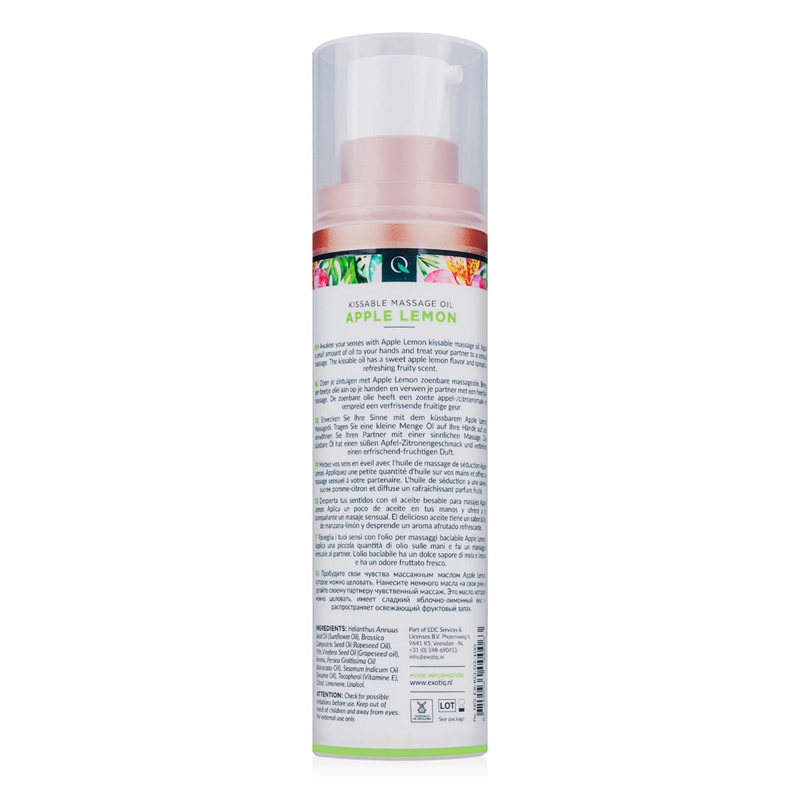 Rückseite der Massageöl-Flasche mit Text. Enthält Informationen zu Inhaltsstoffen und Hersteller.