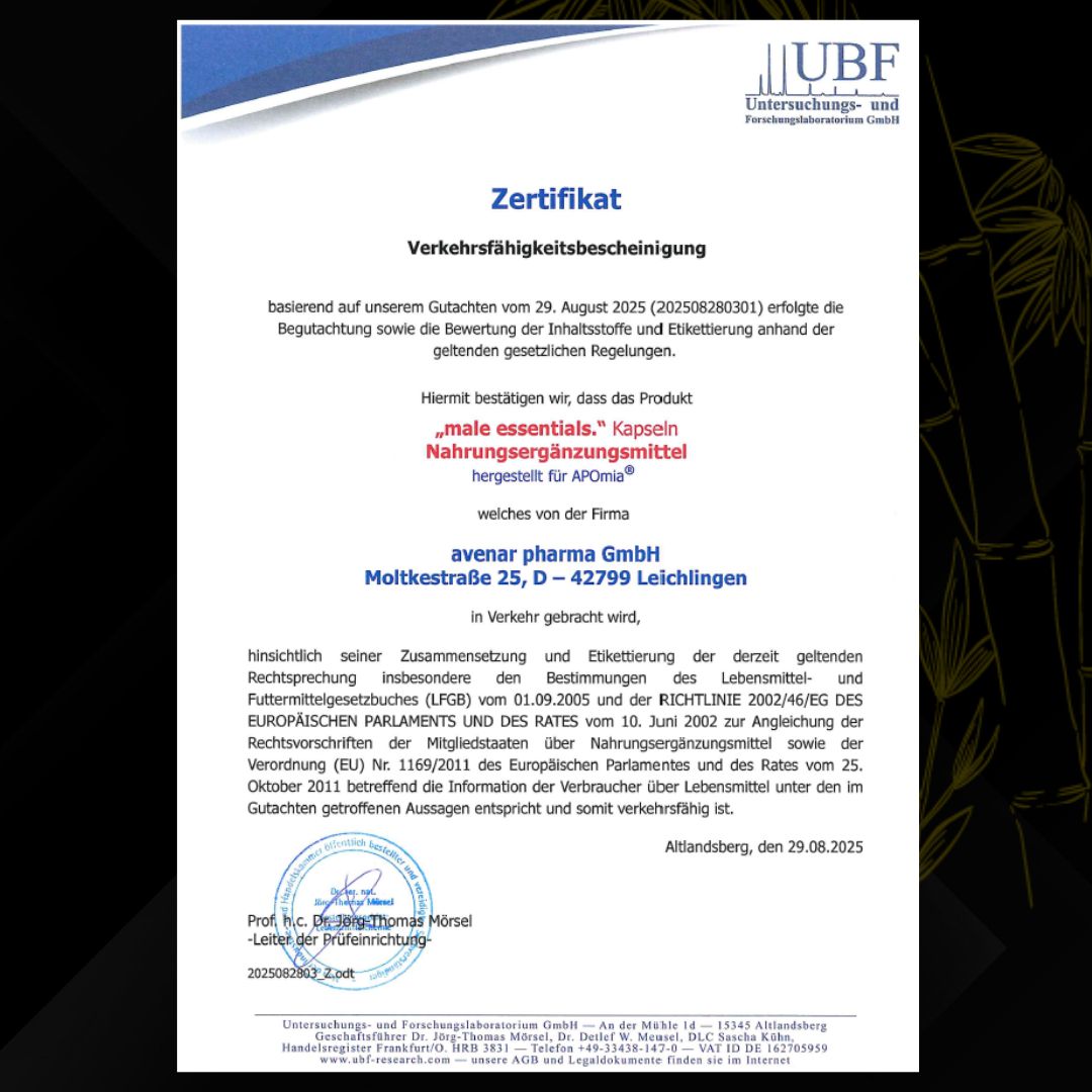 Zertifikat der avenar pharma GmbH. Text: Verkehrsfähigkeitsbescheinigung. Produkt: male essentials. Kapseln.