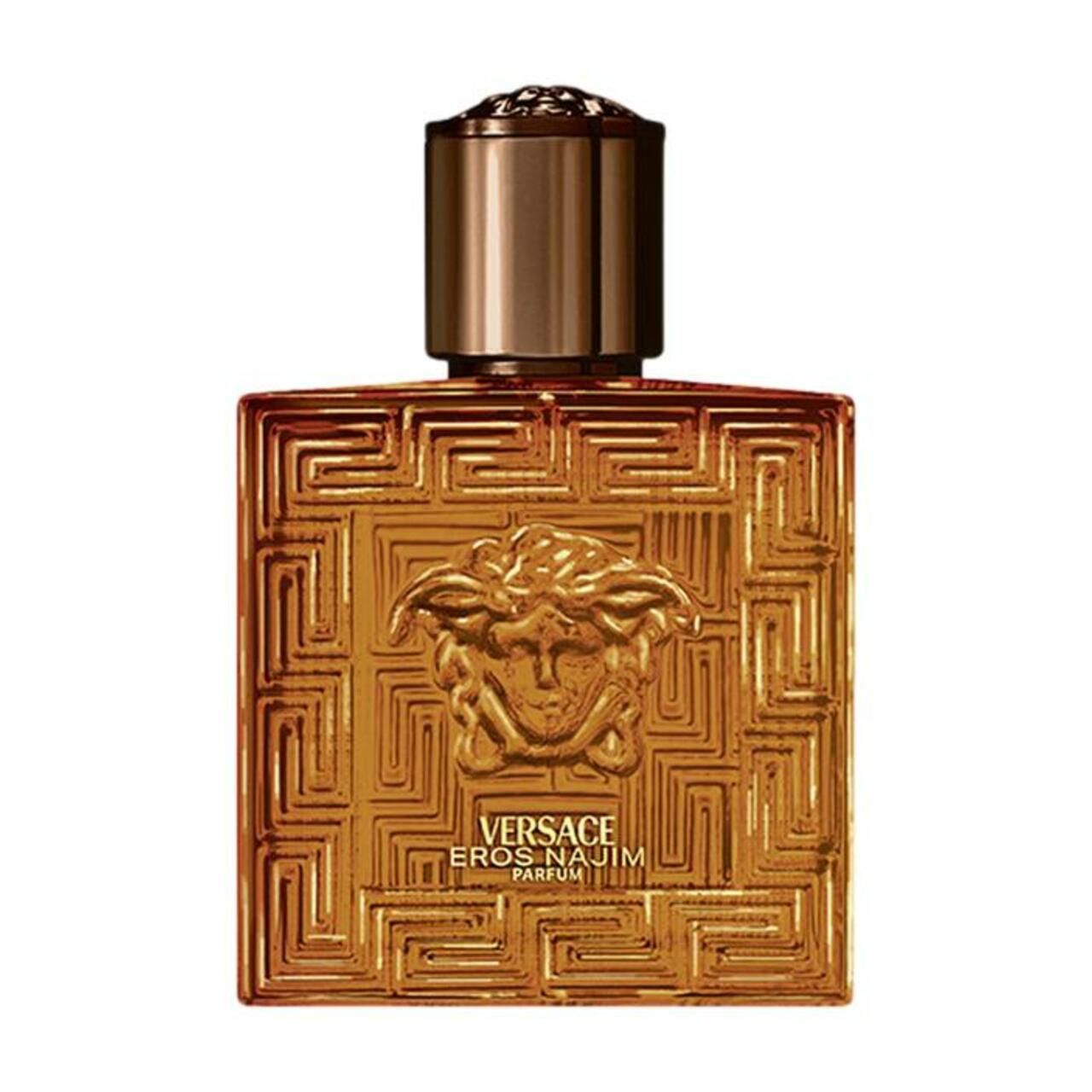Versace Eros Najim Parfum Flakon mit Medusa-Kopf und geometrischem Muster.