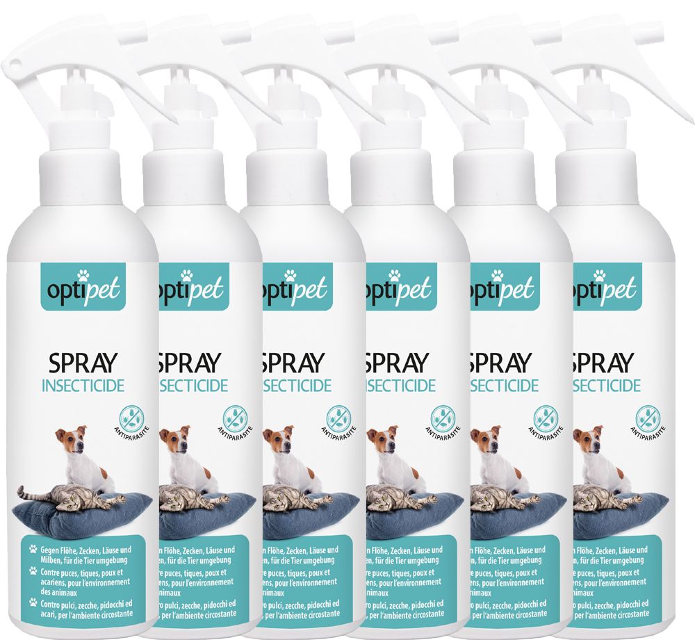 Mehrere Sprühflaschen mit weißem Etikett und Produktnamen. Auf dem Etikett ist ein Hund abgebildet. Text: Spray, Insektizid.