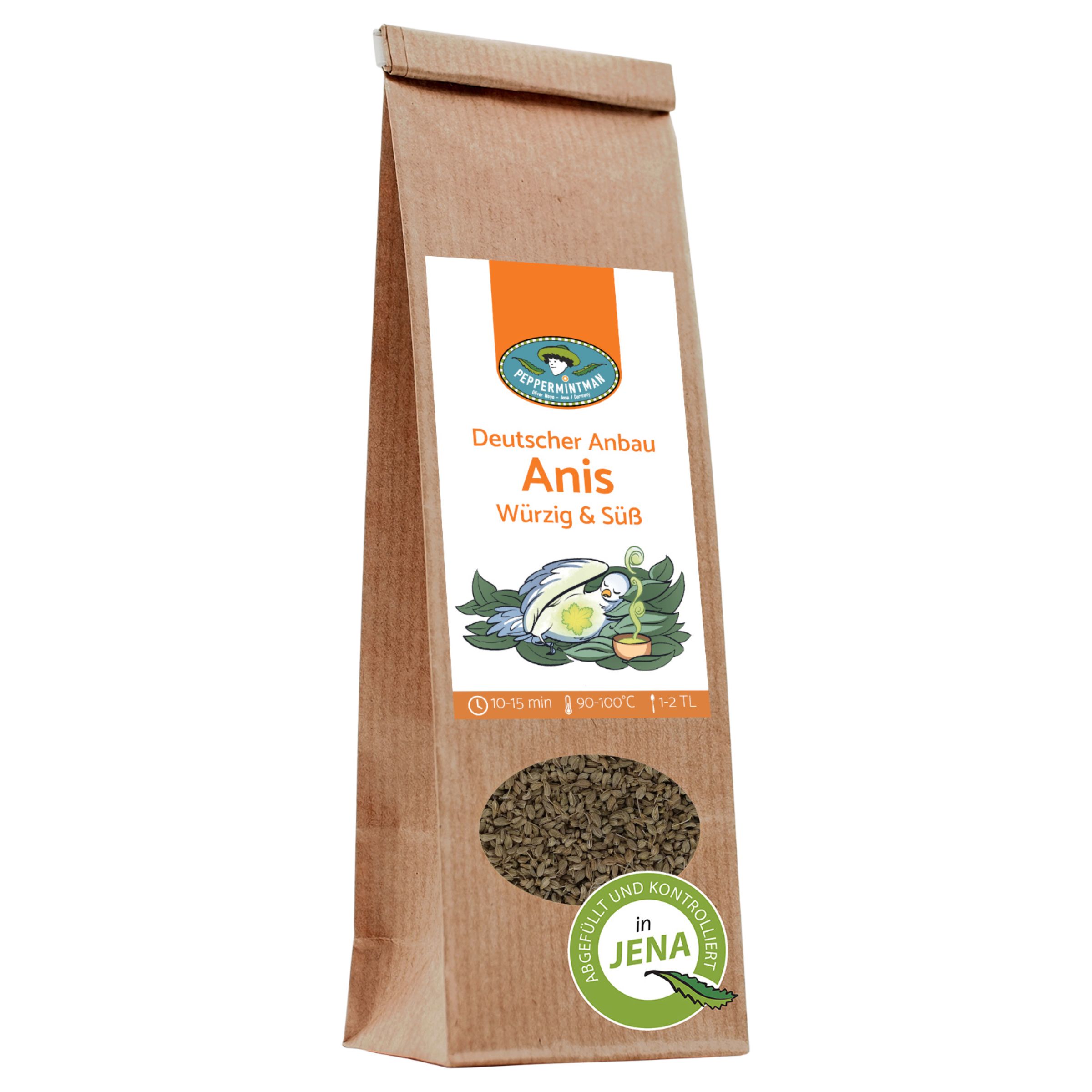 Braune Papiertüte mit Sichtfenster. Aufdruck: Deutscher Anbau Anis. Logo: PEPPERMINTMAN. Siegel: IN JENA. Enthält Anis-Tee.