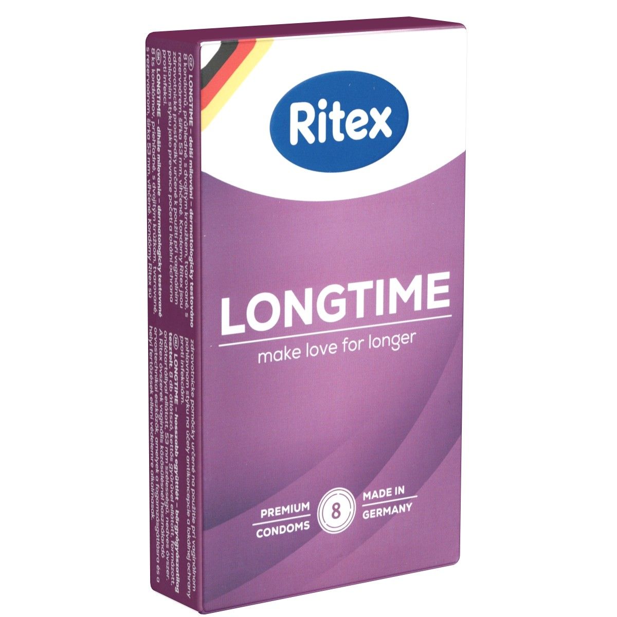 Verpackung von Ritex Longtime Kondomen. Lila-weißes Design mit Produktnamen und Anzahl 8. Hergestellt in Deutschland.