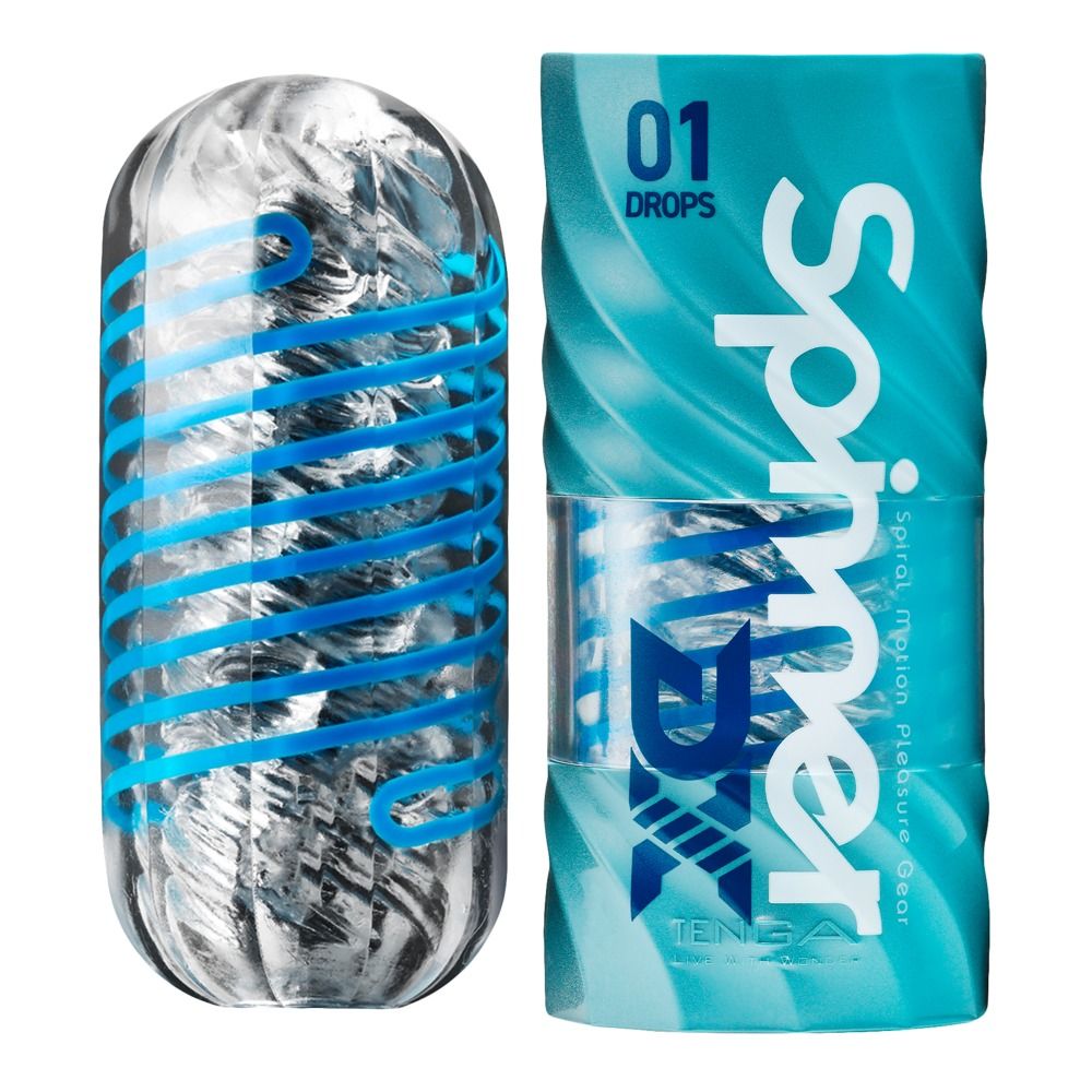 Transparenter Masturbator mit blauen Spiralen und Verpackung.