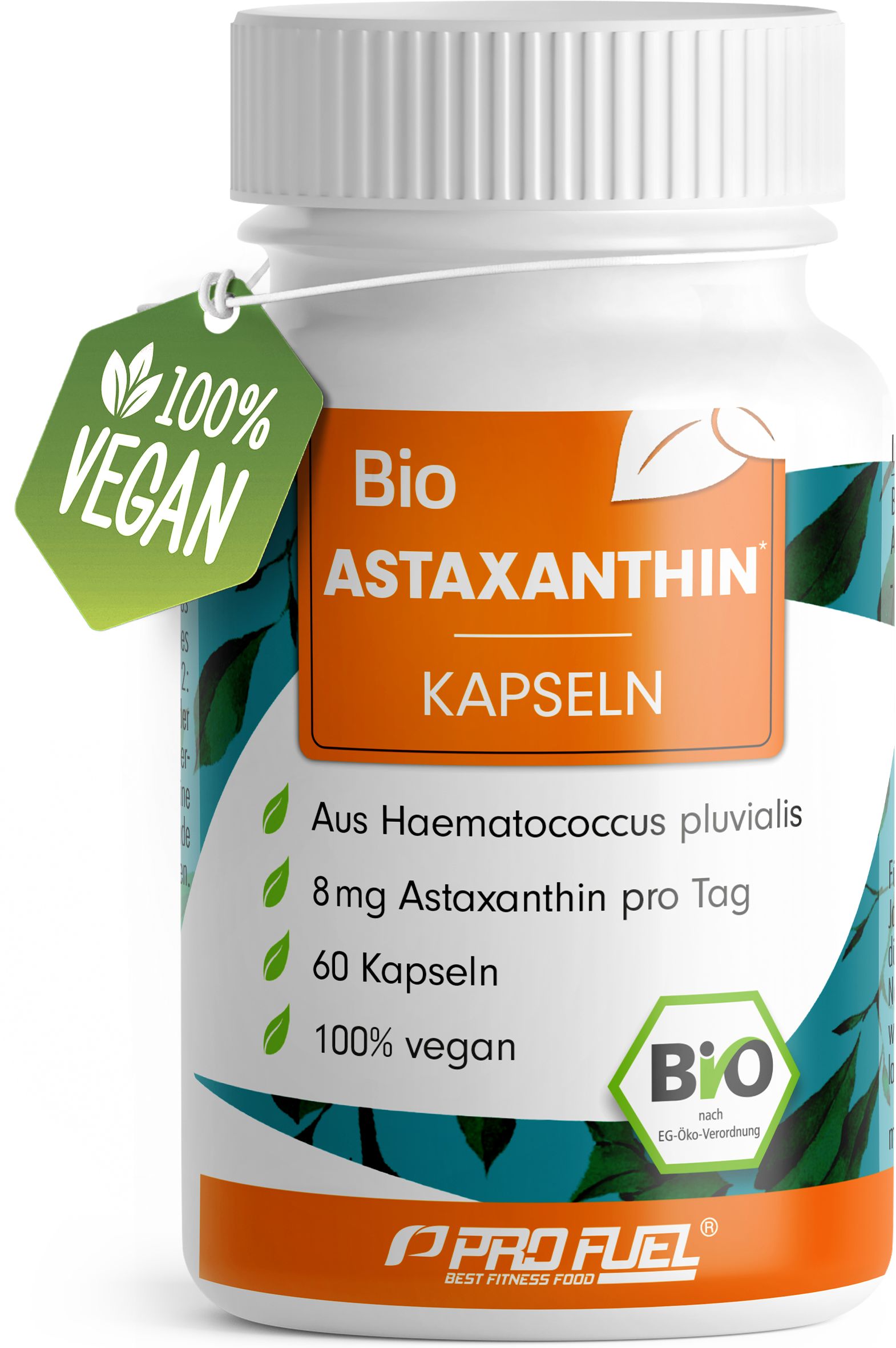 Weiße Flasche mit Kapseln. Aufschrift: Bio Astaxanthin Kapseln. Grün-weißes Etikett mit 100% Vegan-Logo. Bio-Siegel.