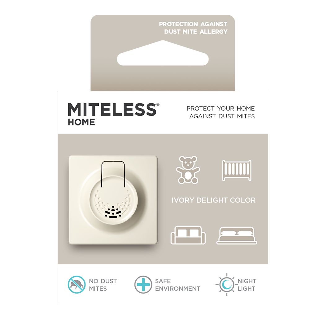 Gerät gegen Hausstaubmilben. Rechteckig, cremefarben, mit Griff und Löchern. Verpackung mit Text und Symbolen.
