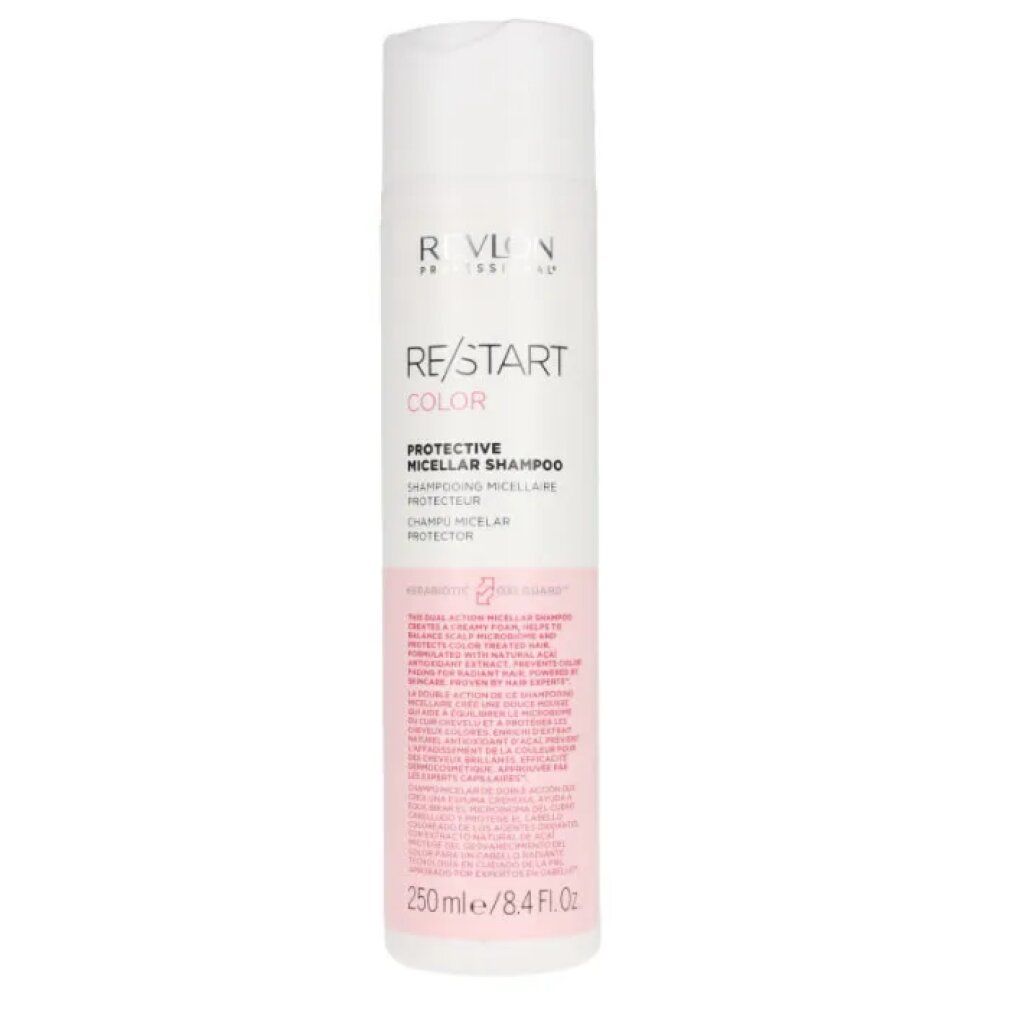 Weiß-rosa Flasche. Text: RE/START COLOR, PROTECTIVE MICELLAR SHAMPOO. 250 ml/8.4 FL.OZ. Mit Produktinformationen.
