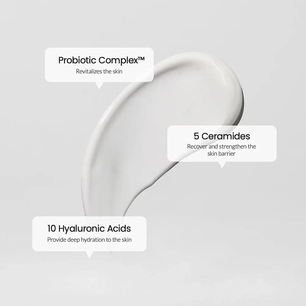 Produkttextur mit Hervorhebungen: Probiotic Complex, 5 Ceramide, 10 Hyaluronsäuren. Text zur Hautpflege.
