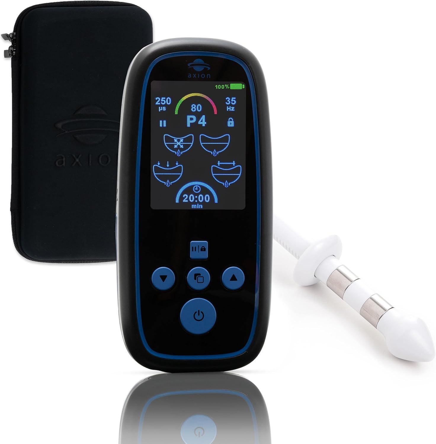 Schwarzes Gerät mit blauem Rahmen und Display. axion® Logo. Mit Zubehör und Etui. Text auf dem Gerät.