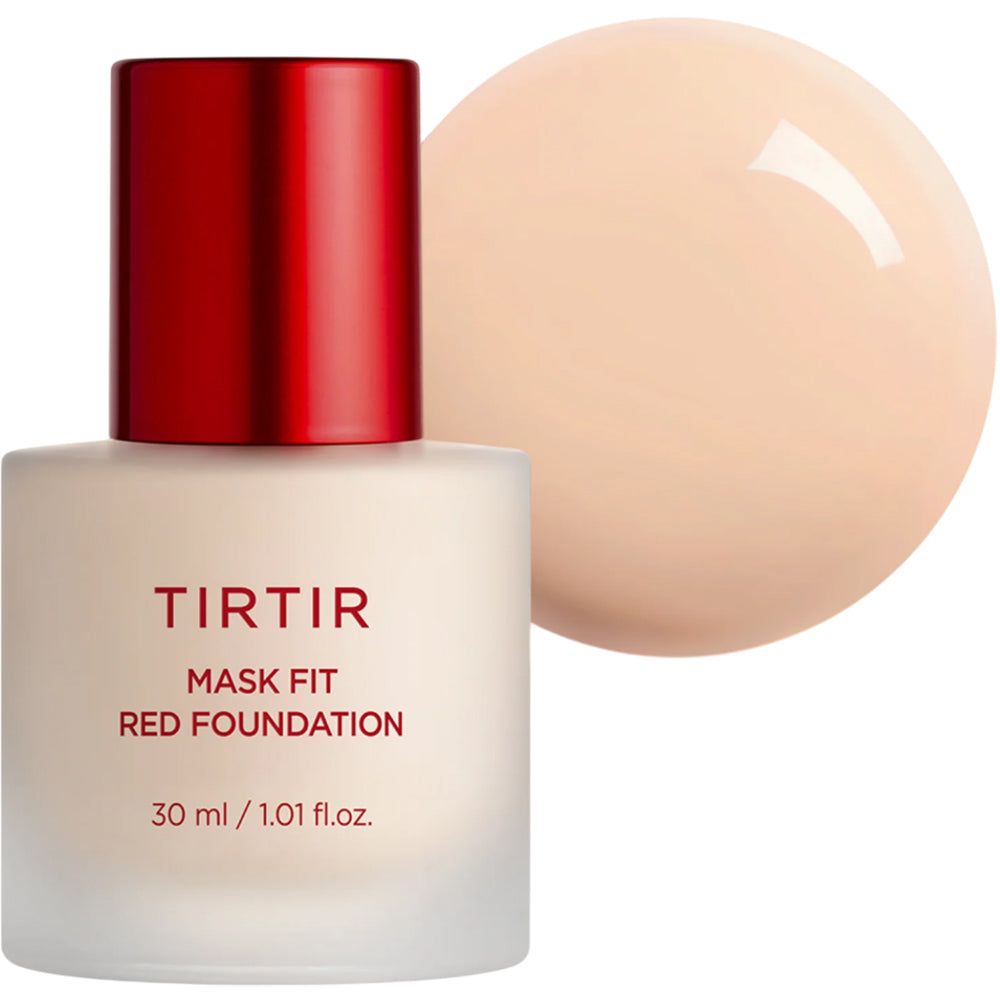 TIRTIR Mask Fit Red Foundation. Flasche mit rotem Deckel und Produkt daneben. Text: 30 ml / 1.01 fl.oz.