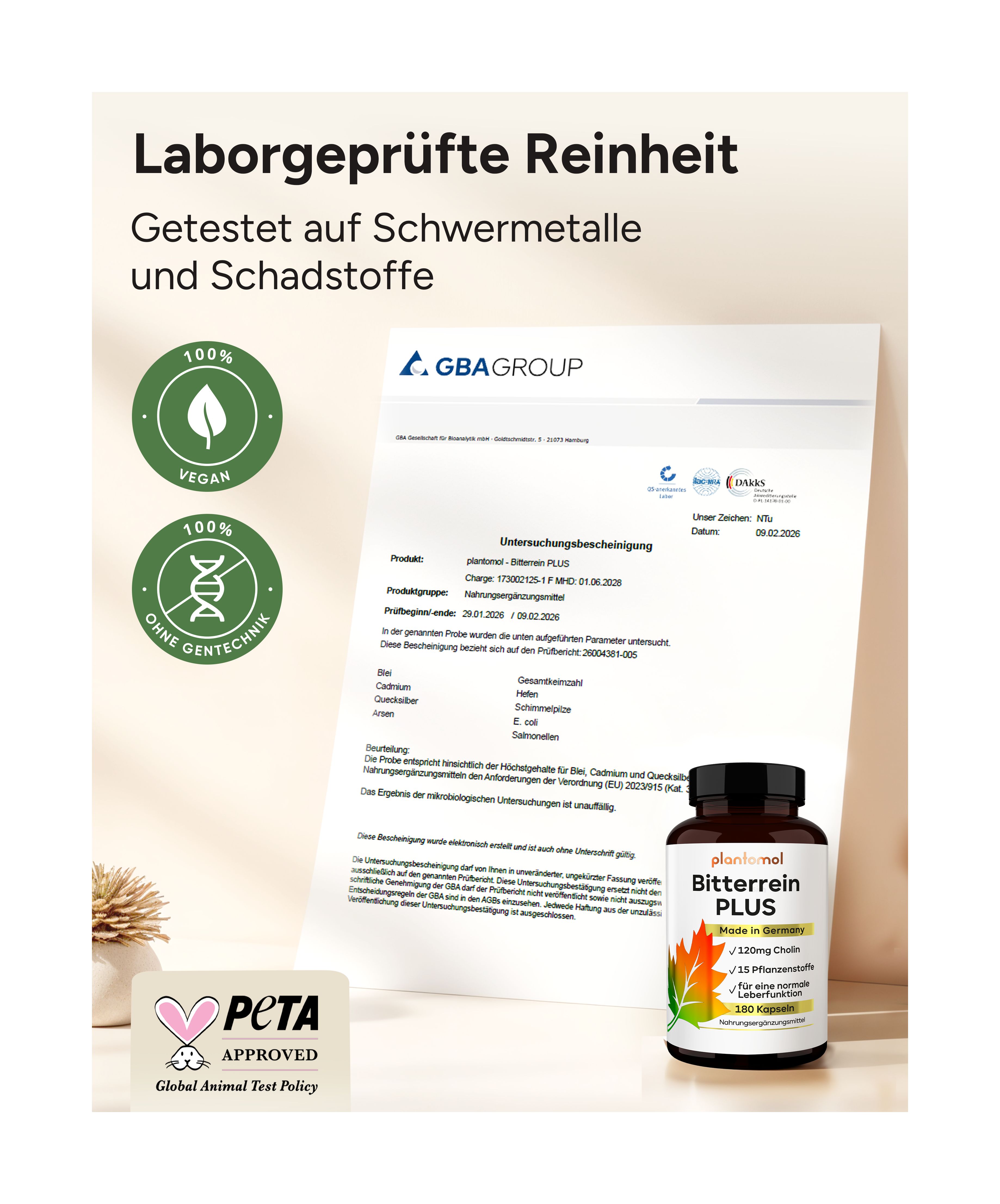 Laborbericht mit vegan, ohne Gentechnik, PETA-Siegel. Geprüft auf Schwermetalle und Schadstoffe. plantomol Bitterrein PLUS.