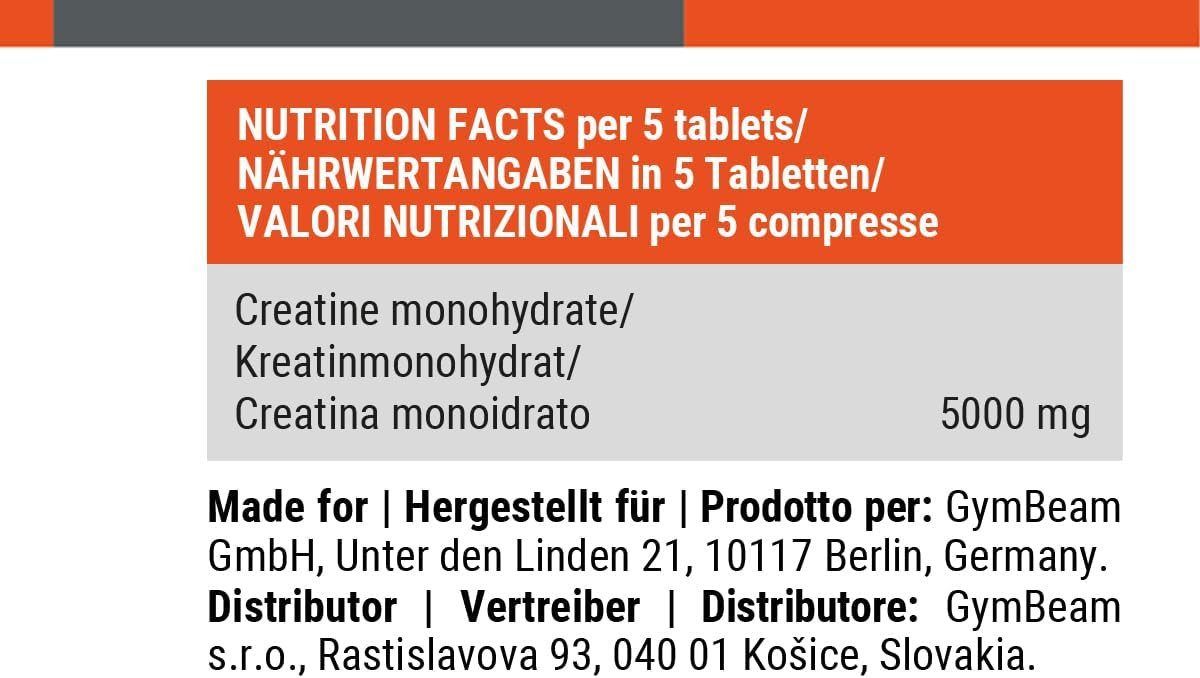 Nährwertangaben für GymBeam Kreatin TABS 1000 mg, 5 Tabletten.