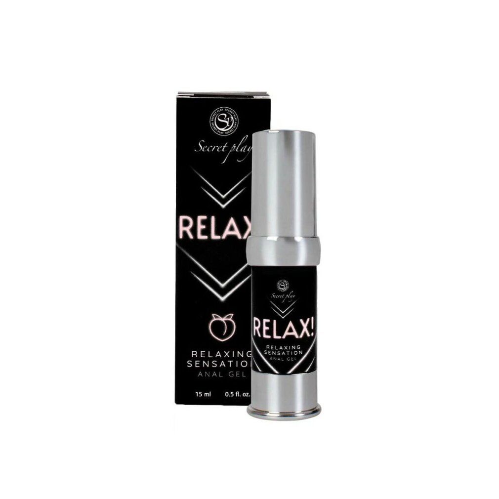 Schwarze Verpackung und Flasche. Aufschrift "Secret Play Relax!" und "Relaxing Sensation Anal Gel". Silberne Kappe und Flaschenboden.