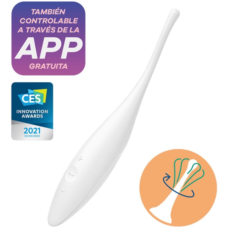 Weißer Vibrator mit App-Steuerung. CES Innovation Awards Logo. Abbildung der Rotationsbewegung.