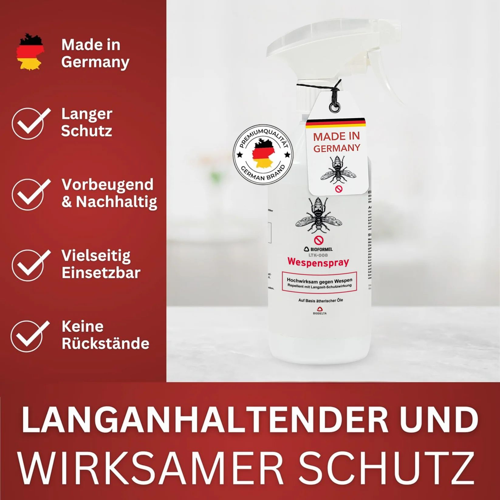 Weitenspray-Flasche mit Sprühkopf. Made in Germany-Etikett. Lang anhaltender und wirksamer Schutz. Vorbeugend & nachhaltig.