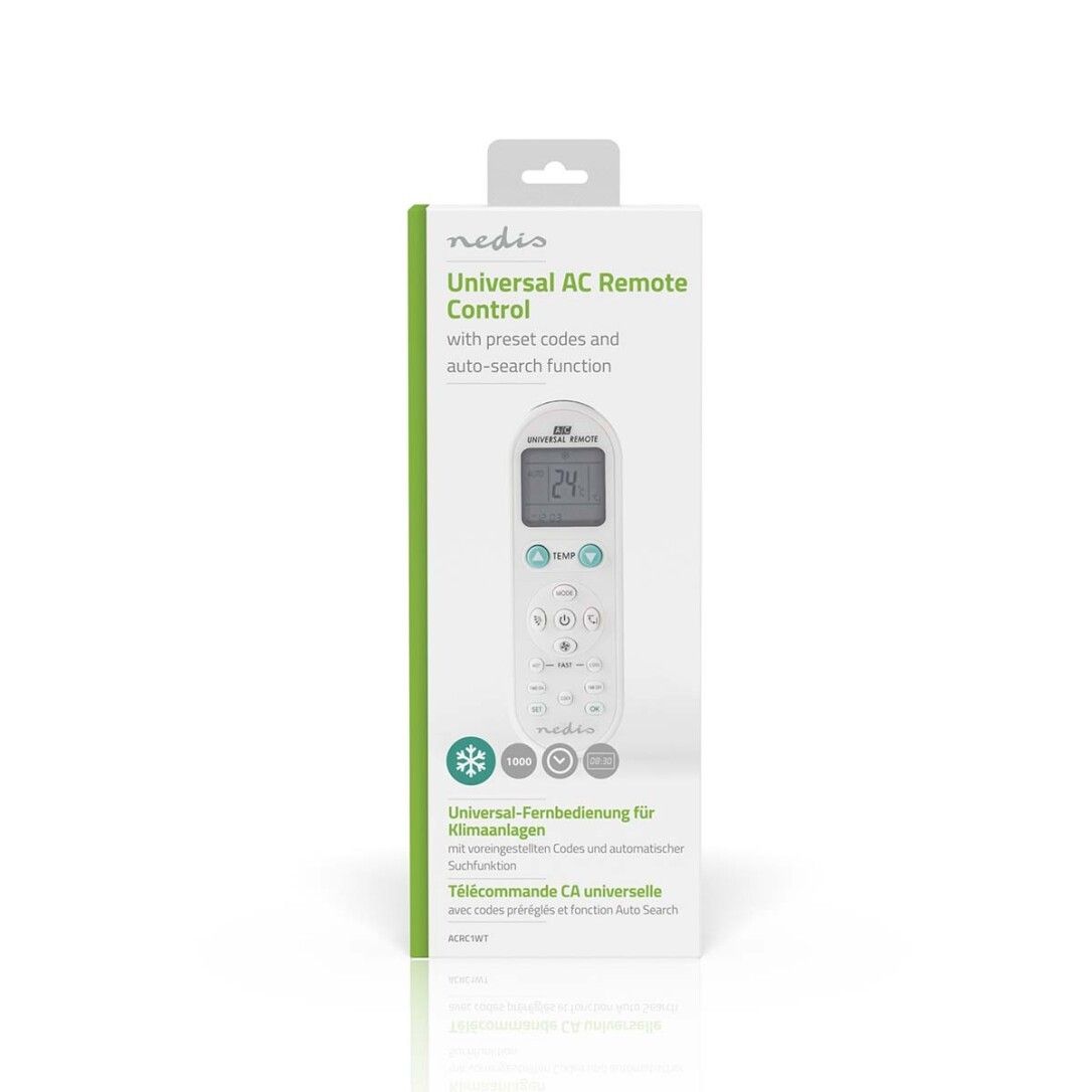 Verpackung der Fernbedienung. Text: Universal AC Remote Control, mit Voreinstellungen und Auto-Suchfunktion. Marke: Nedis.