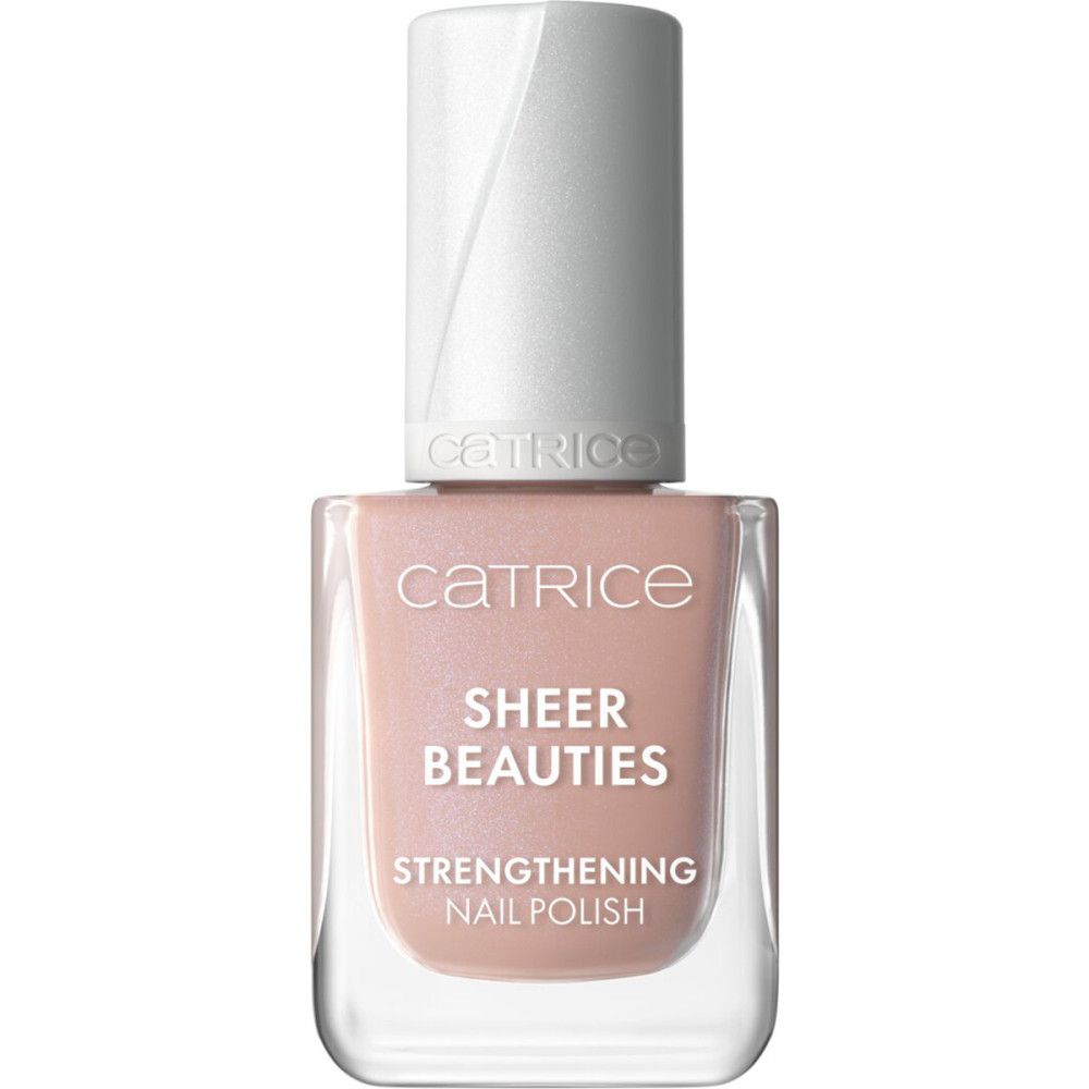 Nagellackflasche. Aufschrift: Catrice, Sheer Beauties, Strengthening Nail Polish. Rosa Farbton, transparente Flasche.