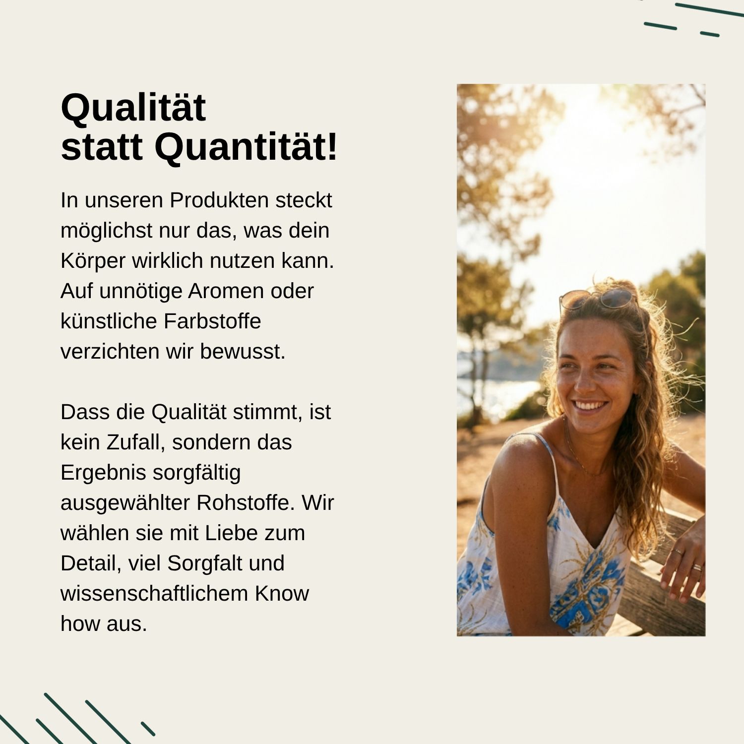 Frau lächelt im Freien. Text über Qualität statt Quantität bei Vita Elements Produkten, Fokus auf ausgewählte Rohstoffe und wissenschaftliches Know-how.