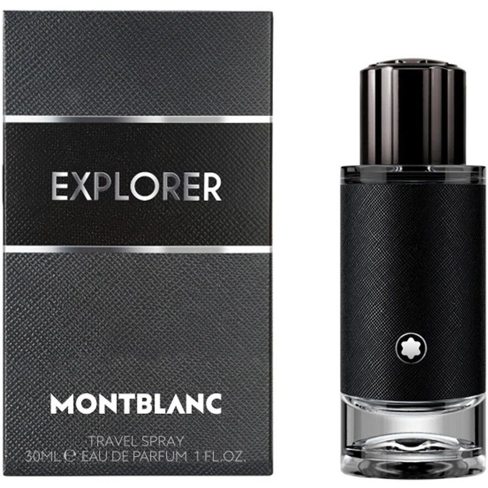 Montblanc Explorer Travel Spray. Schwarze Verpackung mit silberner Schrift. Flakon mit schwarzem Lederimitat.