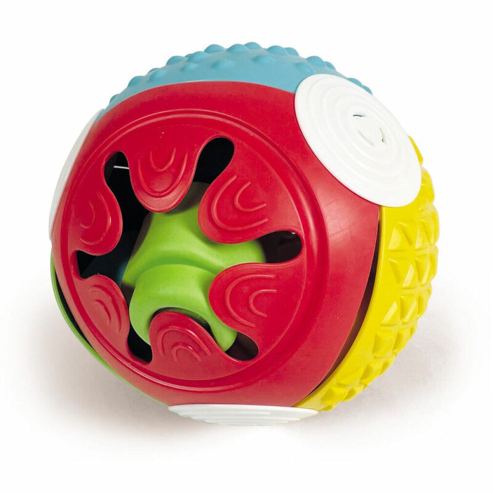 Mehrfarbiger Ball mit verschiedenen Texturen. Roter, gelber, blauer und grüner Kunststoff. Weiße und schwarze Details.