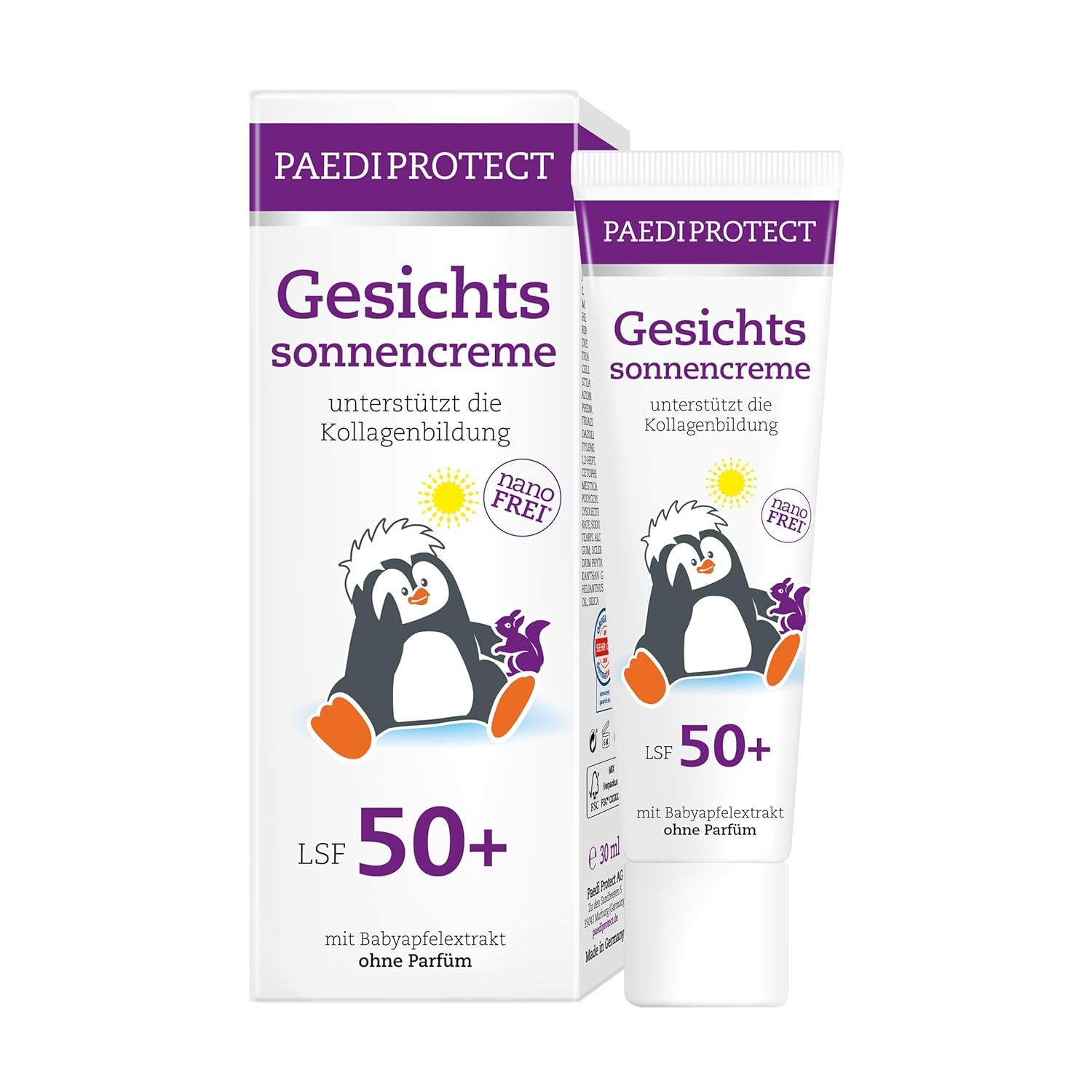 Sonnencreme-Tube und Verpackung. Aufschrift: Gesichtssonnencreme LSF 50+. Mit Pinguin-Illustration. Nano-frei.