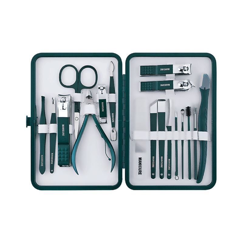 Maniküre-Set in dunkelgrüner Box. Enthält Schere, Nagelfeile, Pinzette, Nagelknipser und weitere Werkzeuge. Werkzeuge sind dunkelgrün.