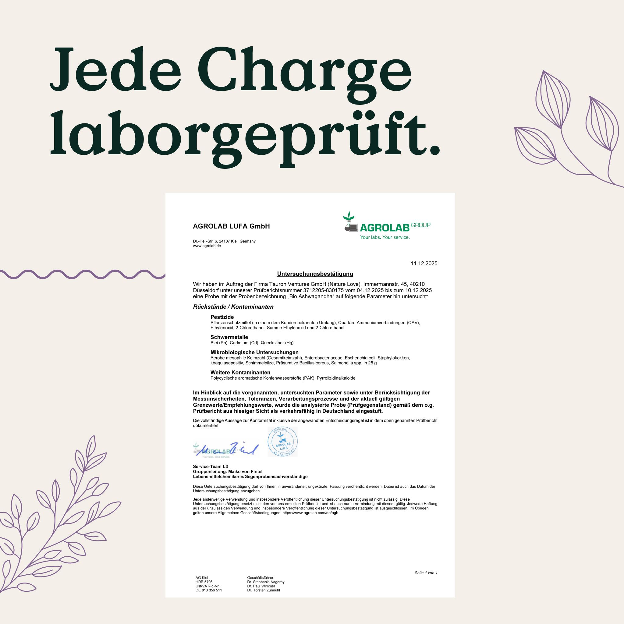 Laborbericht von AgroLab zur Prüfung von NATURE LOVE Bio Ashwagandha, Datum 14.12.2021.