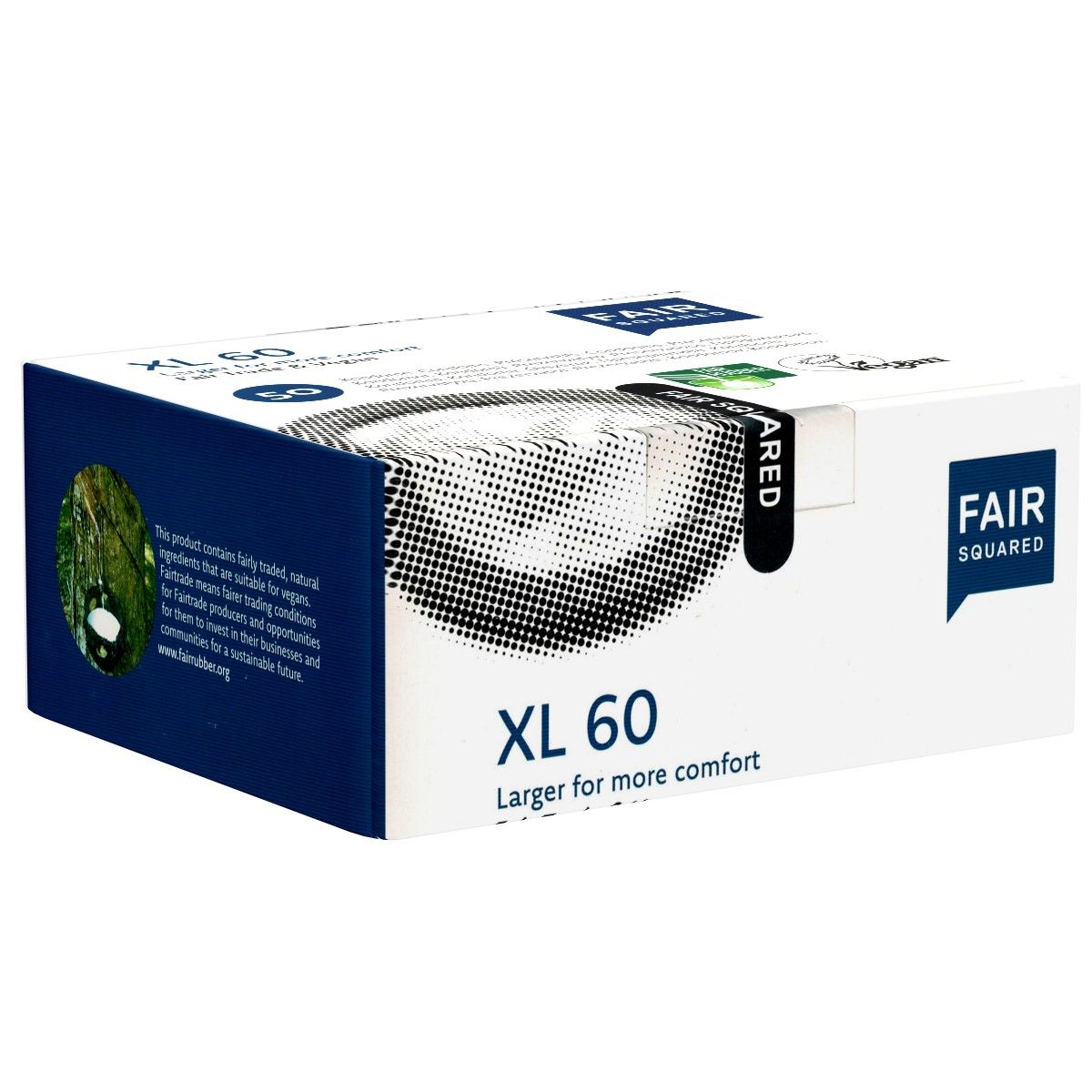 Verpackung von Fair Squared XL 60. Weißer Karton mit blauen und schwarzen Akzenten. Aufschrift XL 60 und Fair Squared.