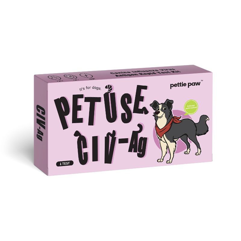 Rosa Verpackung für Hunde-Influenzavirus-Antigen-Test. Mit Logo, Illustration und Text '1 Test'.