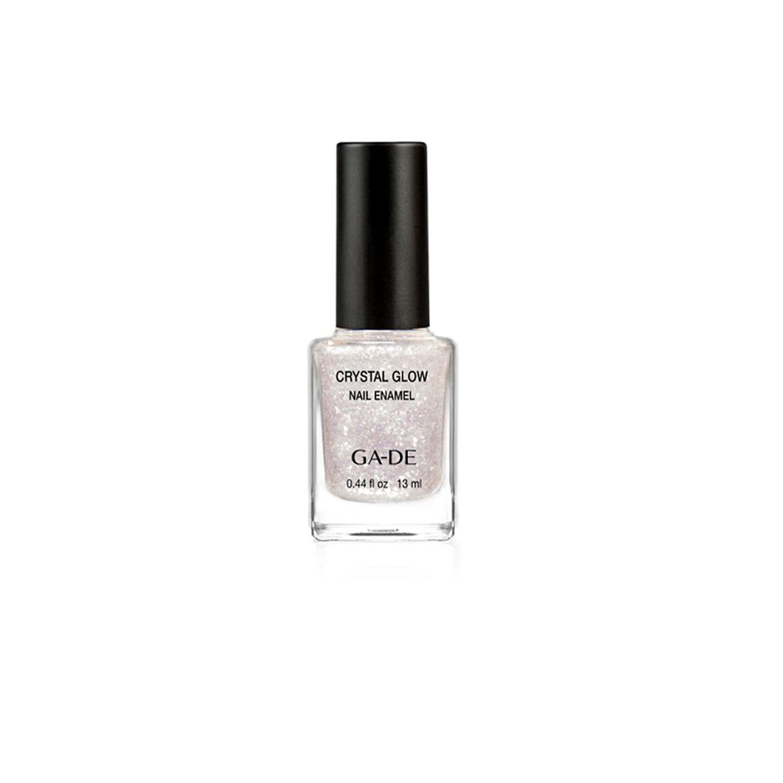 Nagellackflasche mit schwarzem Deckel. Aufschrift: Crystal Glow Nail Enamel, GA-DE. Inhalt: 13 ml.