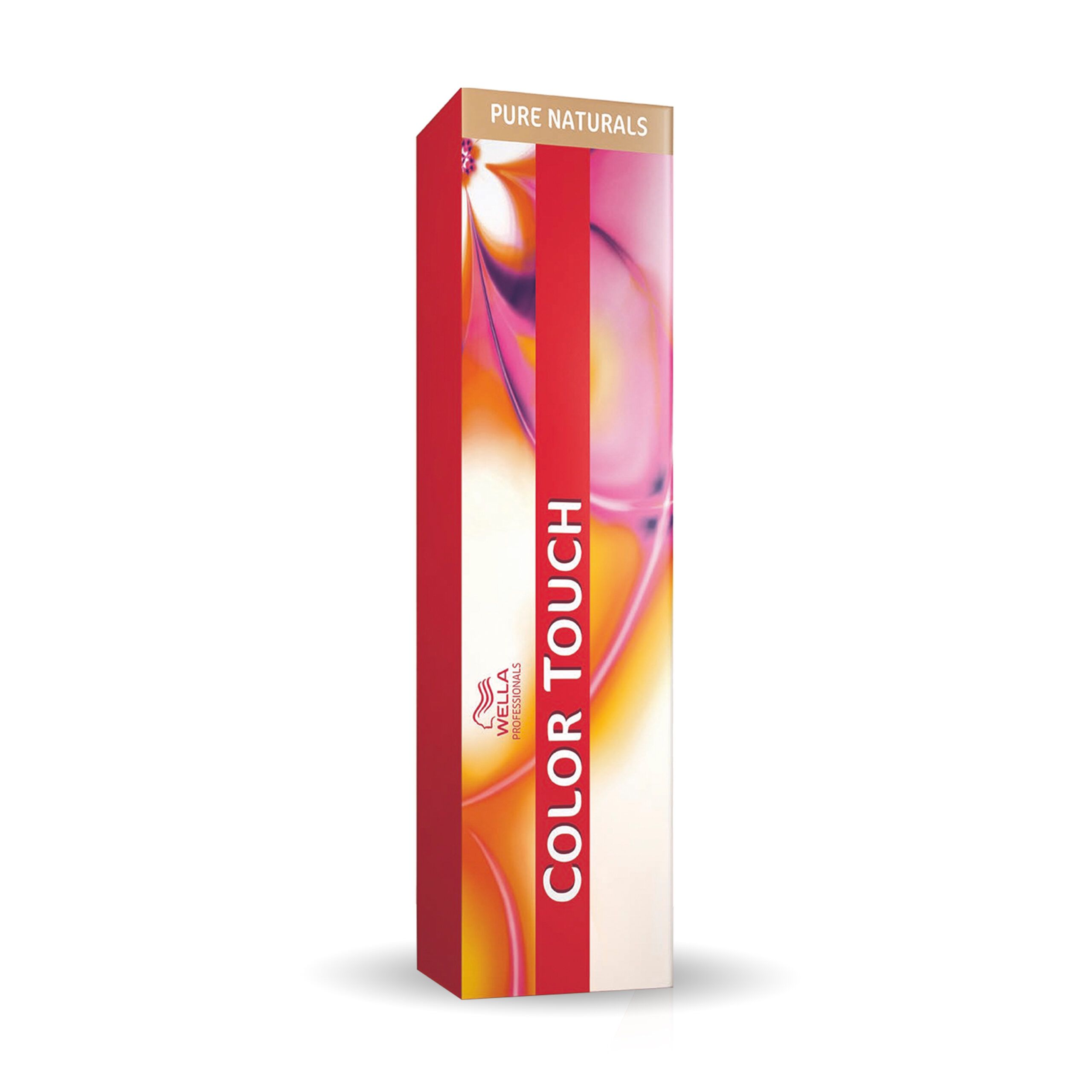 Wella Color Touch-Verpackung. Rot-gelbes Design mit Produktnamen und Logo. Aufschrift 'Pure Naturals'.
