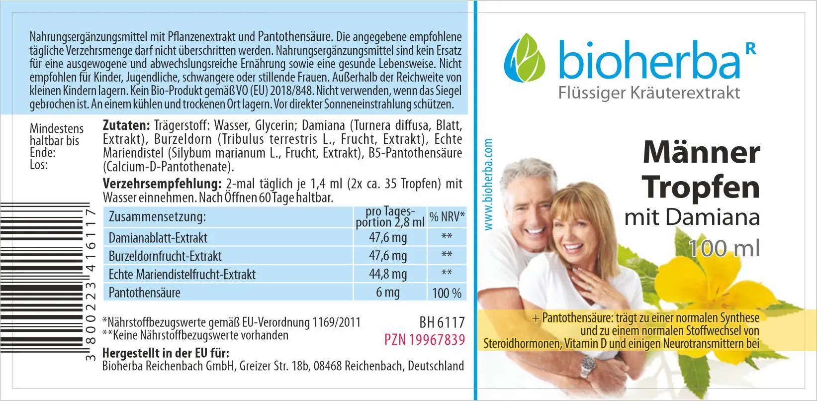 Etikett mit Produktname, Logo und Abbildung eines Paares. Enthält Informationen zu Inhaltsstoffen und Nährwerten.