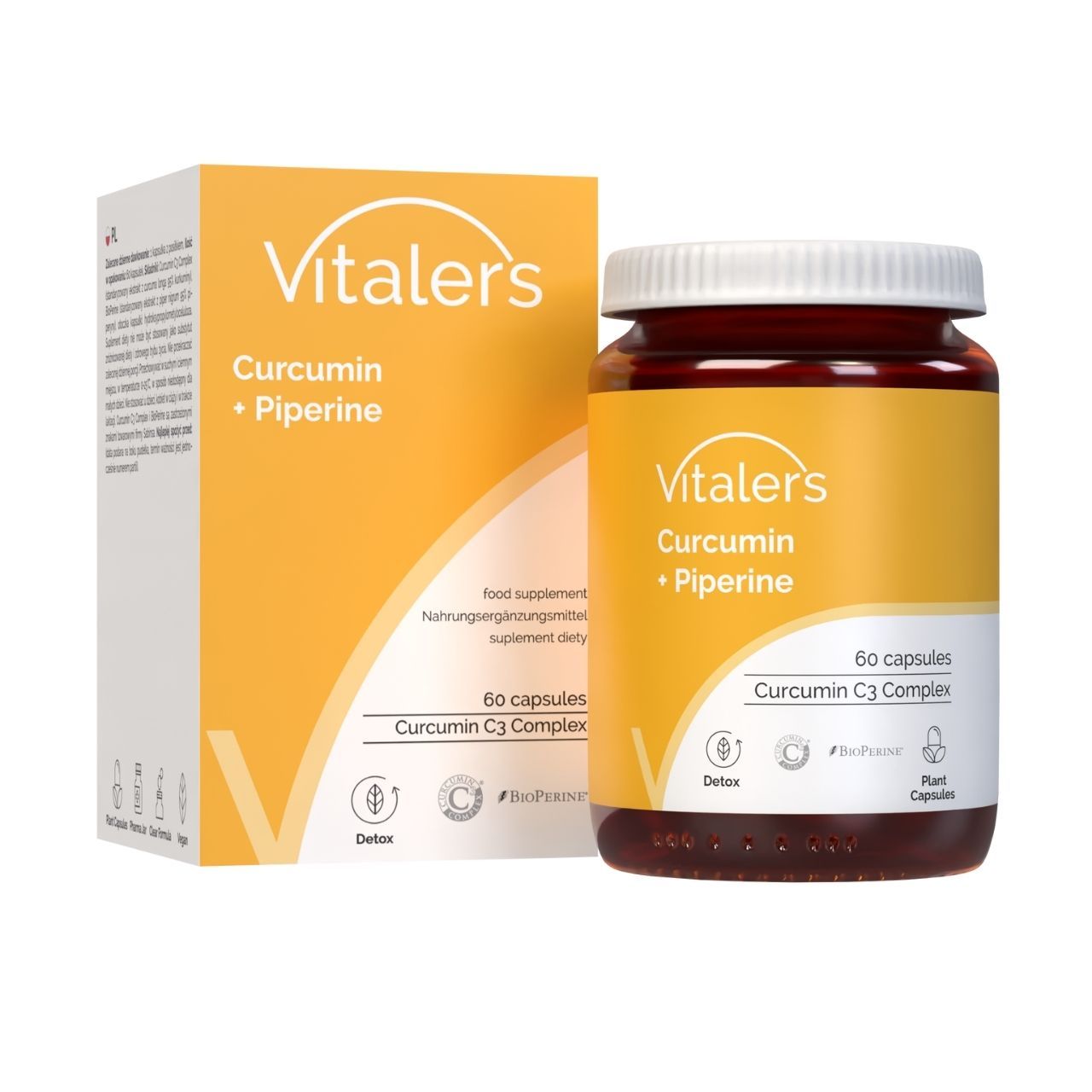 Vitaler's Curcumin + Piperine Kapseln, 60 Stück. Nahrungsergänzungsmittel mit Curcumin C3 Complex.