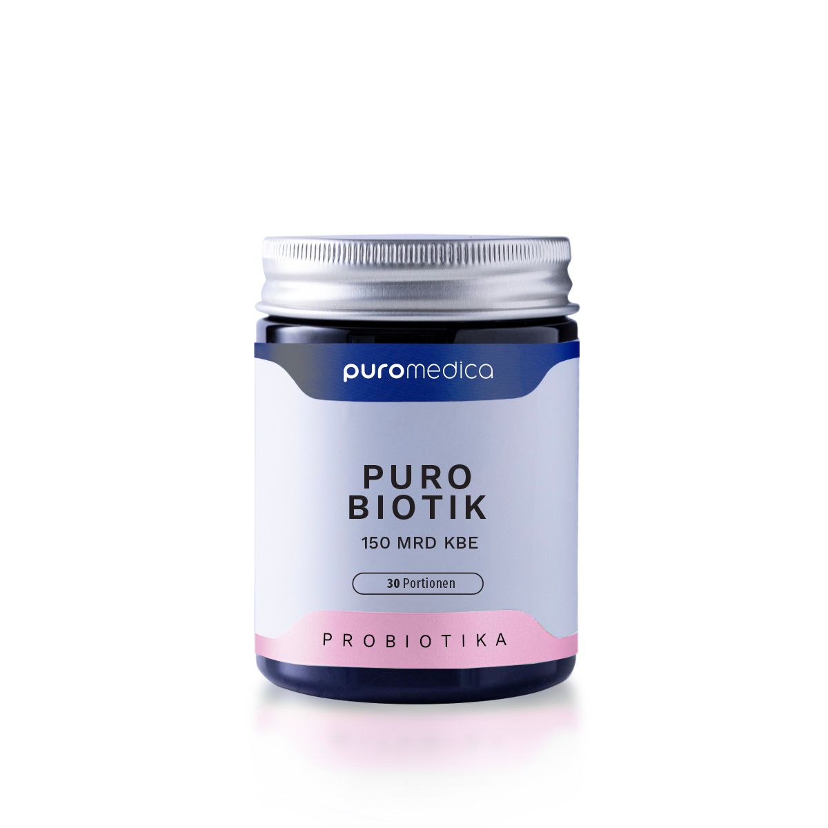 Nahaufnahme eines Etiketts mit Informationen zu "Puro Biotika", 7 Bakterienstämmen, 150 Milliarden KbE.