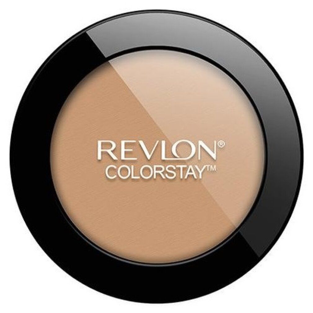 Runder, gepresster Puder in einem schwarzen Behälter. Zwei Farbtöne. REVLON COLORSTAY ist sichtbar.