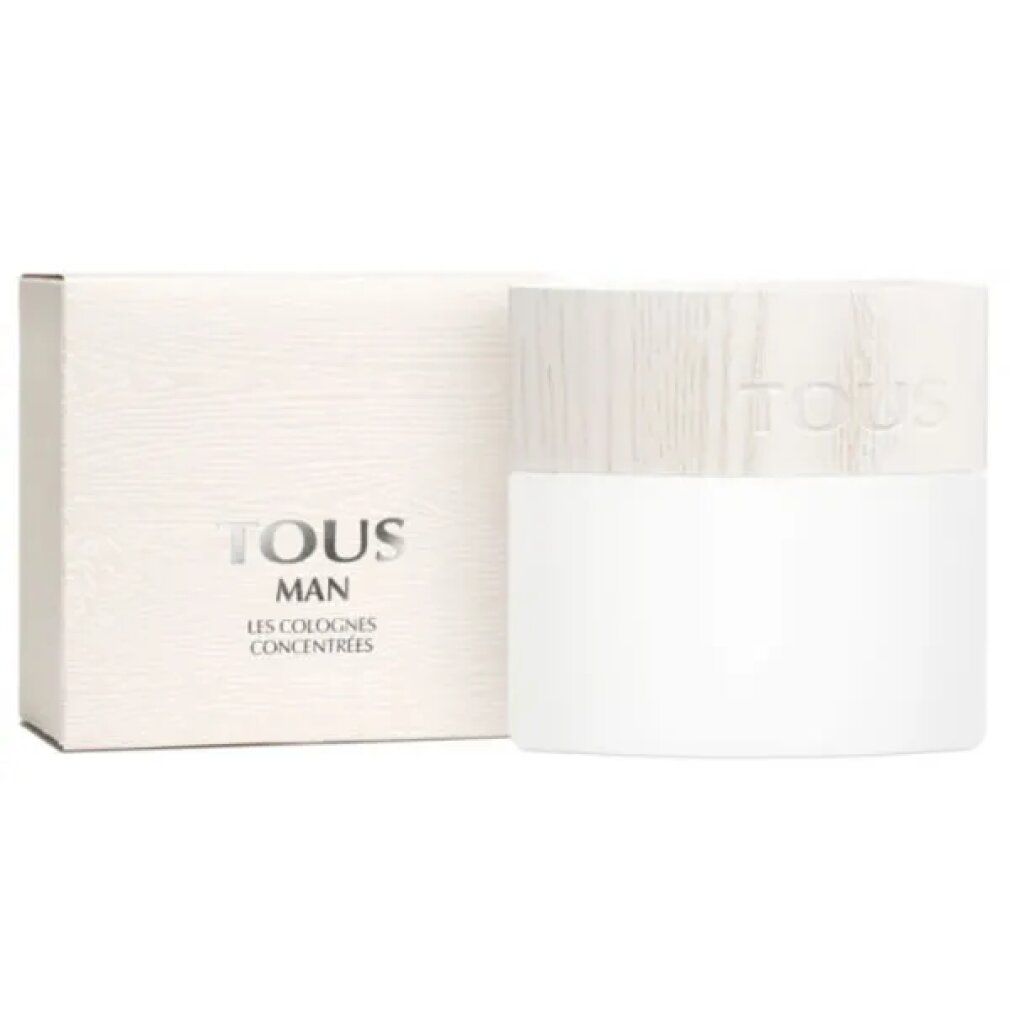 Tous Man Les Colognes Concentrées Flakon und Verpackung. Flakon mit Holzdeckel, Verpackung mit Schriftzug.