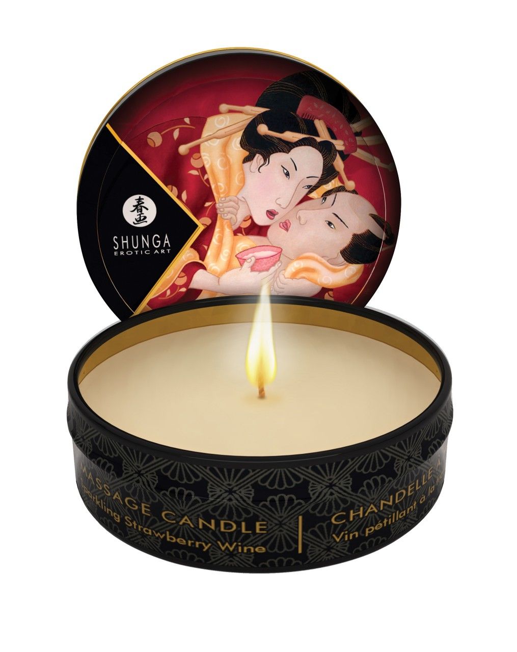 Shunga Massagekerze Romance/Sparkl. Erdbeerwein, 6 Stück. Mit Flamme.