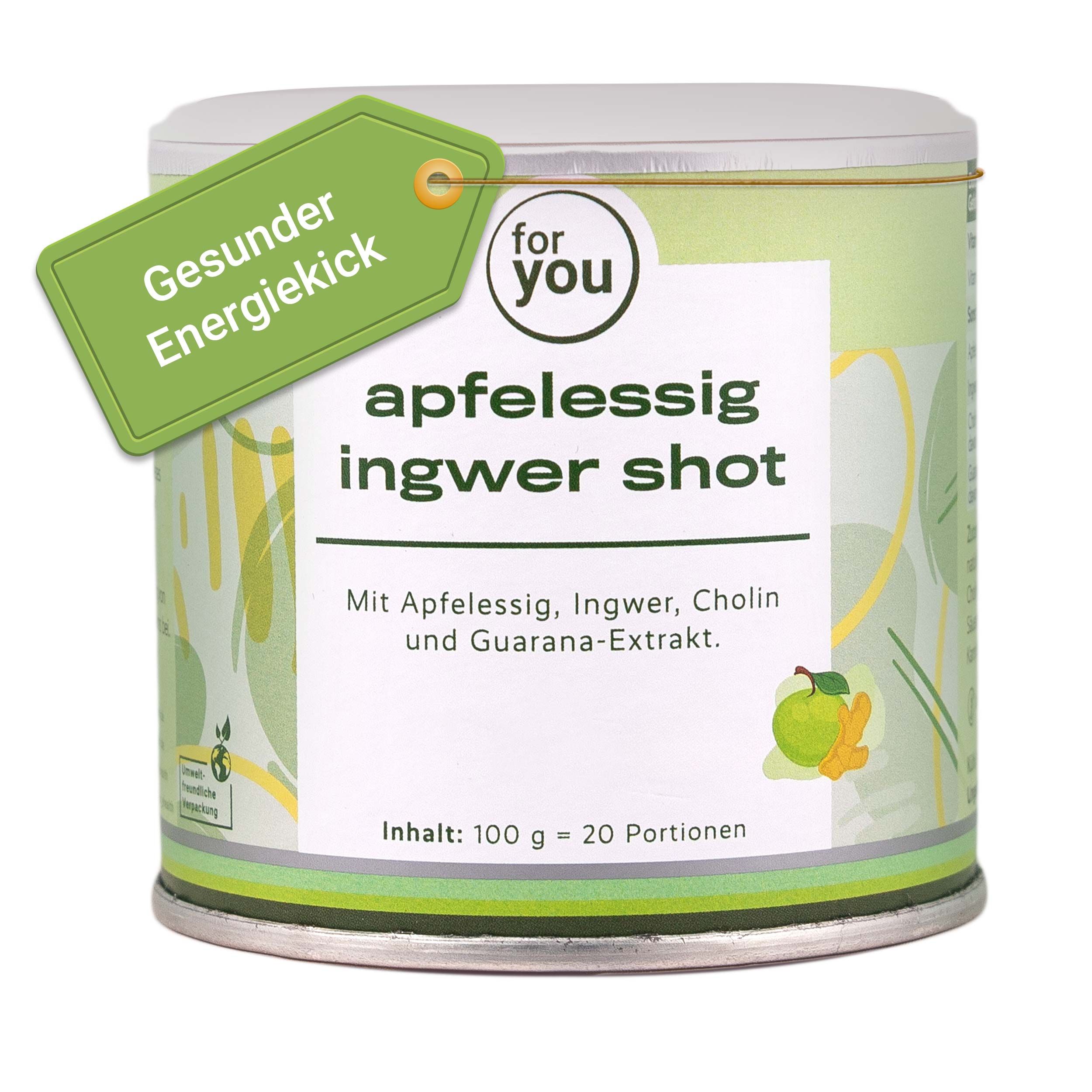 Glas mit Getränk, Äpfel und Ingwer. Aufschrift: apfelessig ingwer shot. Logo: for you. 15 mg Koffein pro Portion.